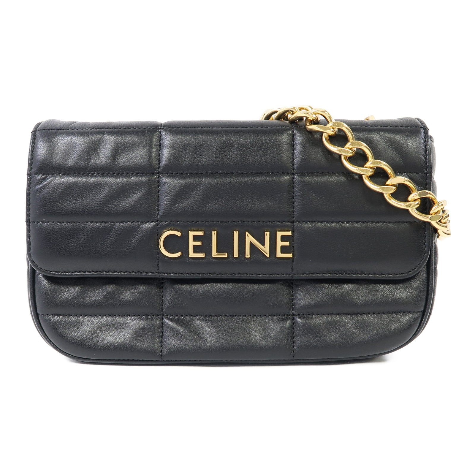 CELINE 牛皮皮革Matelasse Bag金扣鏈帶肩背袋黑色