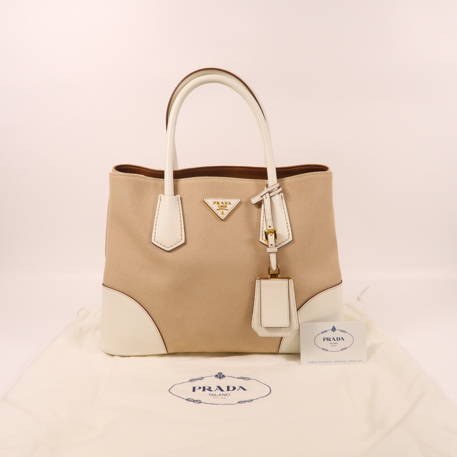 PRADA 帆布Hand Bag金扣手挽袋米色/白色