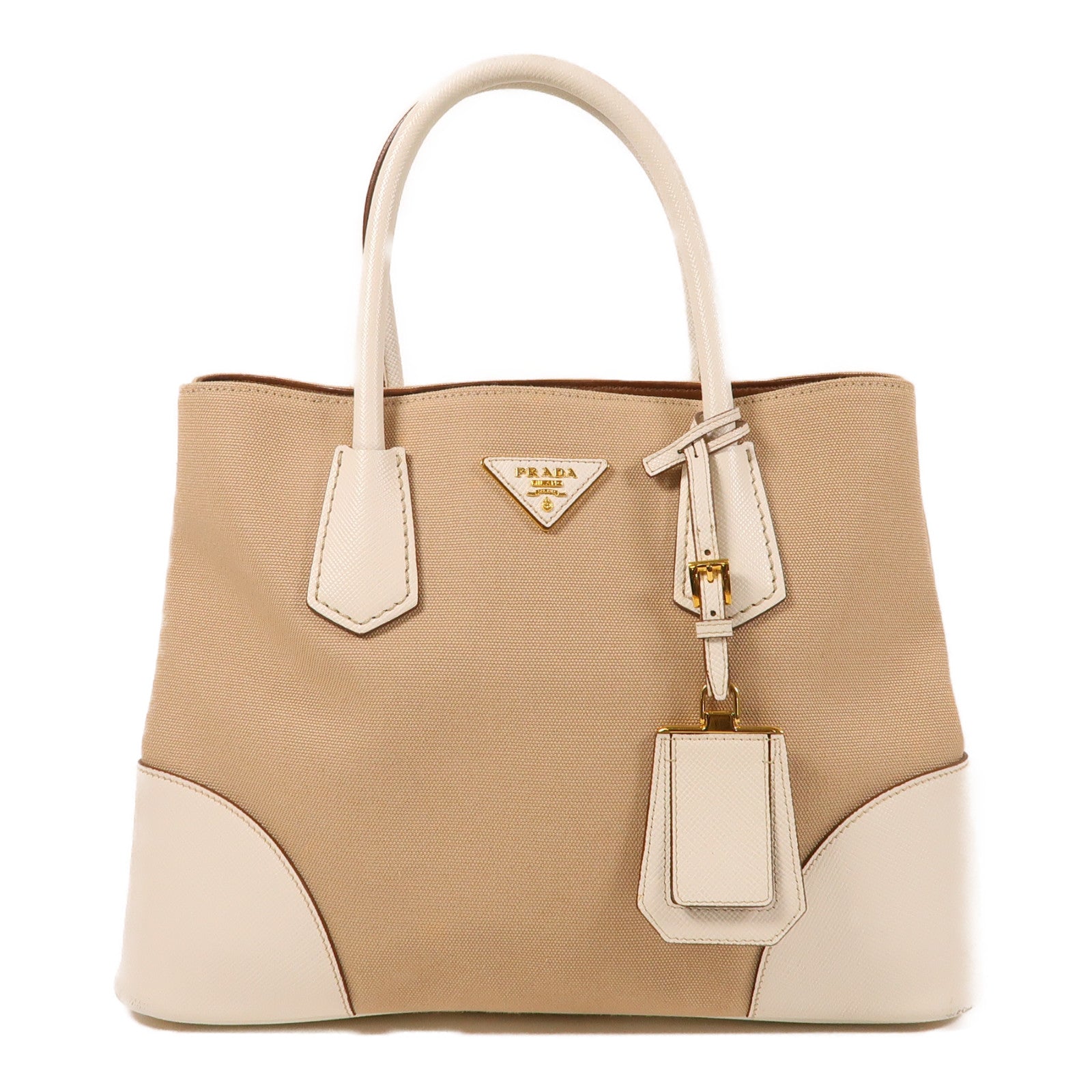 PRADA 帆布Hand Bag金扣手挽袋米色/白色