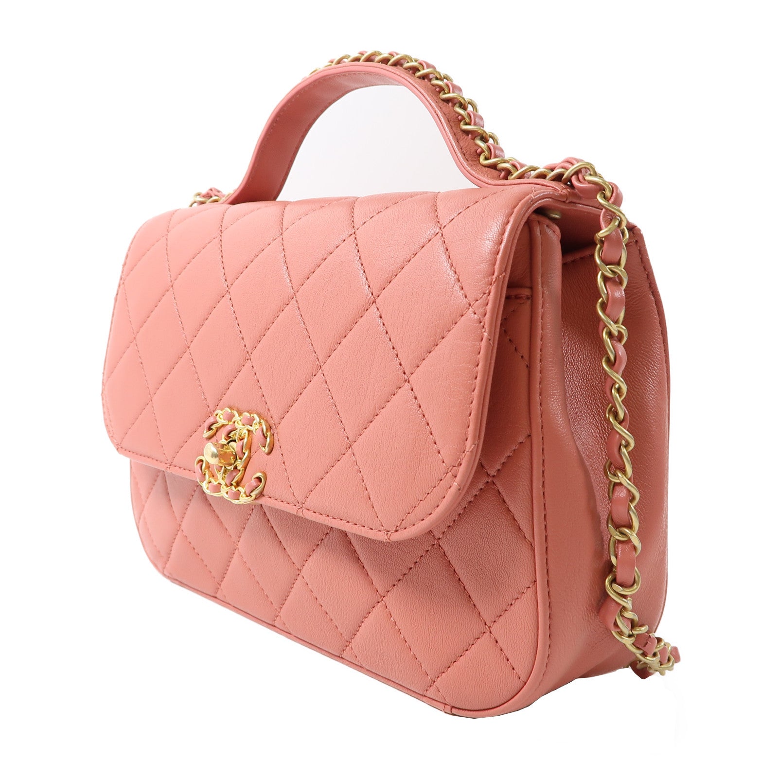 CHANEL 菱格牛皮皮革Top Handle Messenger金扣手挽鏈帶肩背兩用袋粉紅色