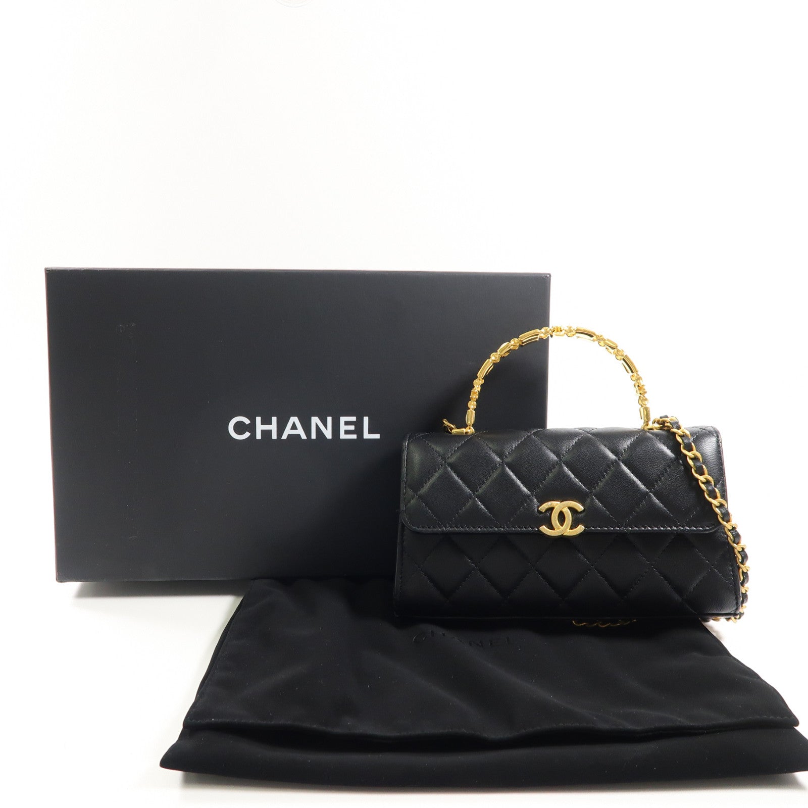 CHANEL 【激減優惠】菱格羊皮皮革Kelly Top Handle金扣手挽肩背兩用袋黑色