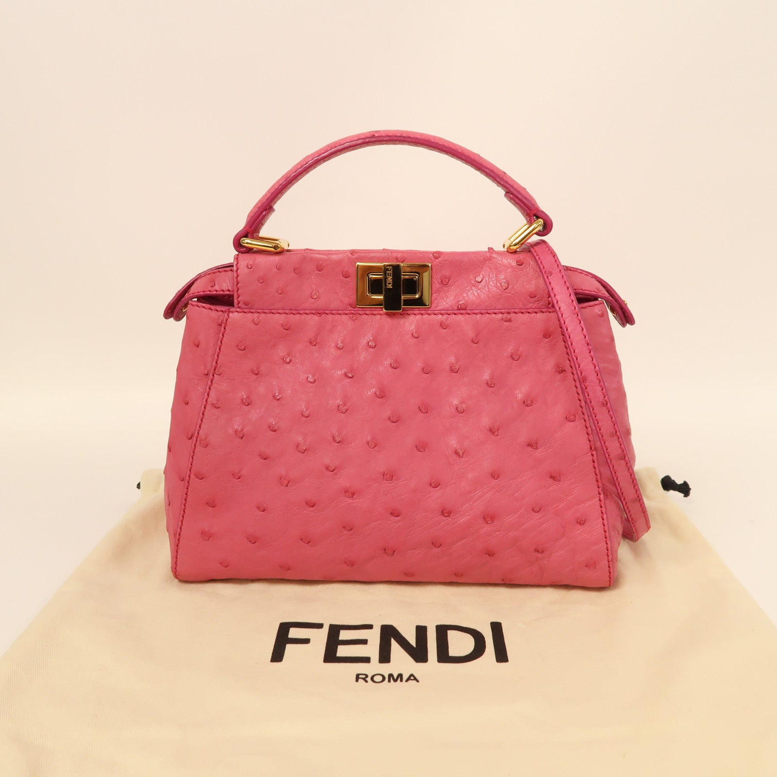 FENDI 鴕鳥皮革Peekaboo金扣手挽肩背兩用袋