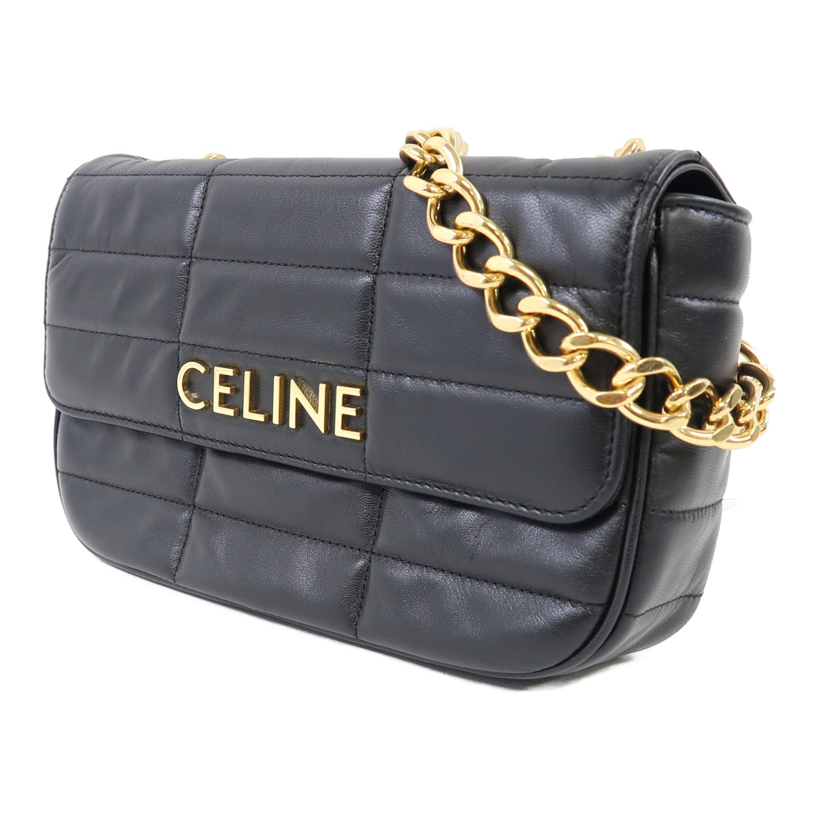 CELINE 牛皮皮革Matelasse Bag金扣鏈帶肩背袋黑色