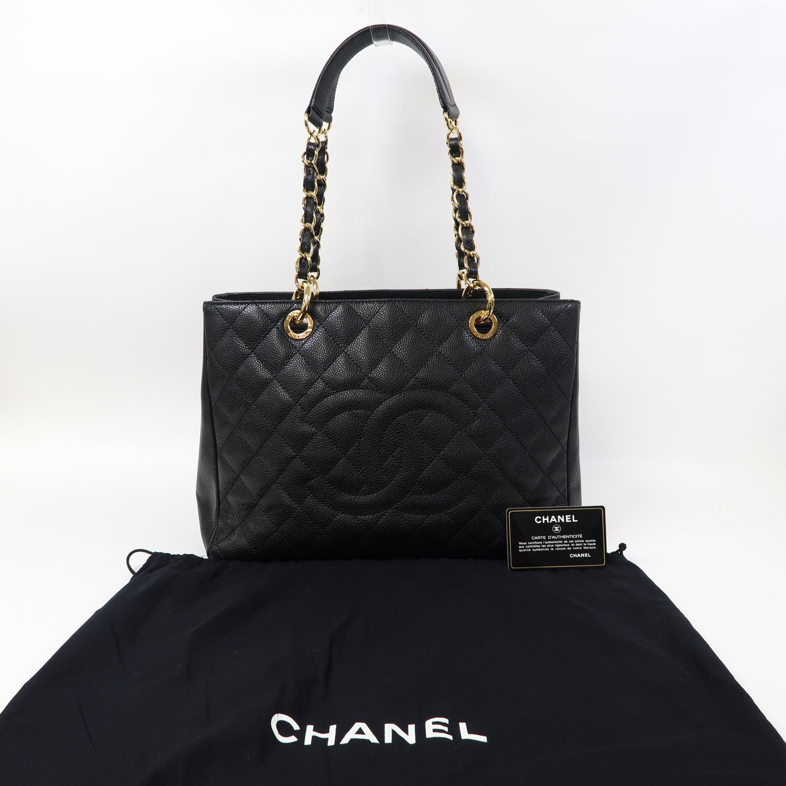 CHANEL 菱格牛皮皮革Tote Bag金扣肩背袋黑色