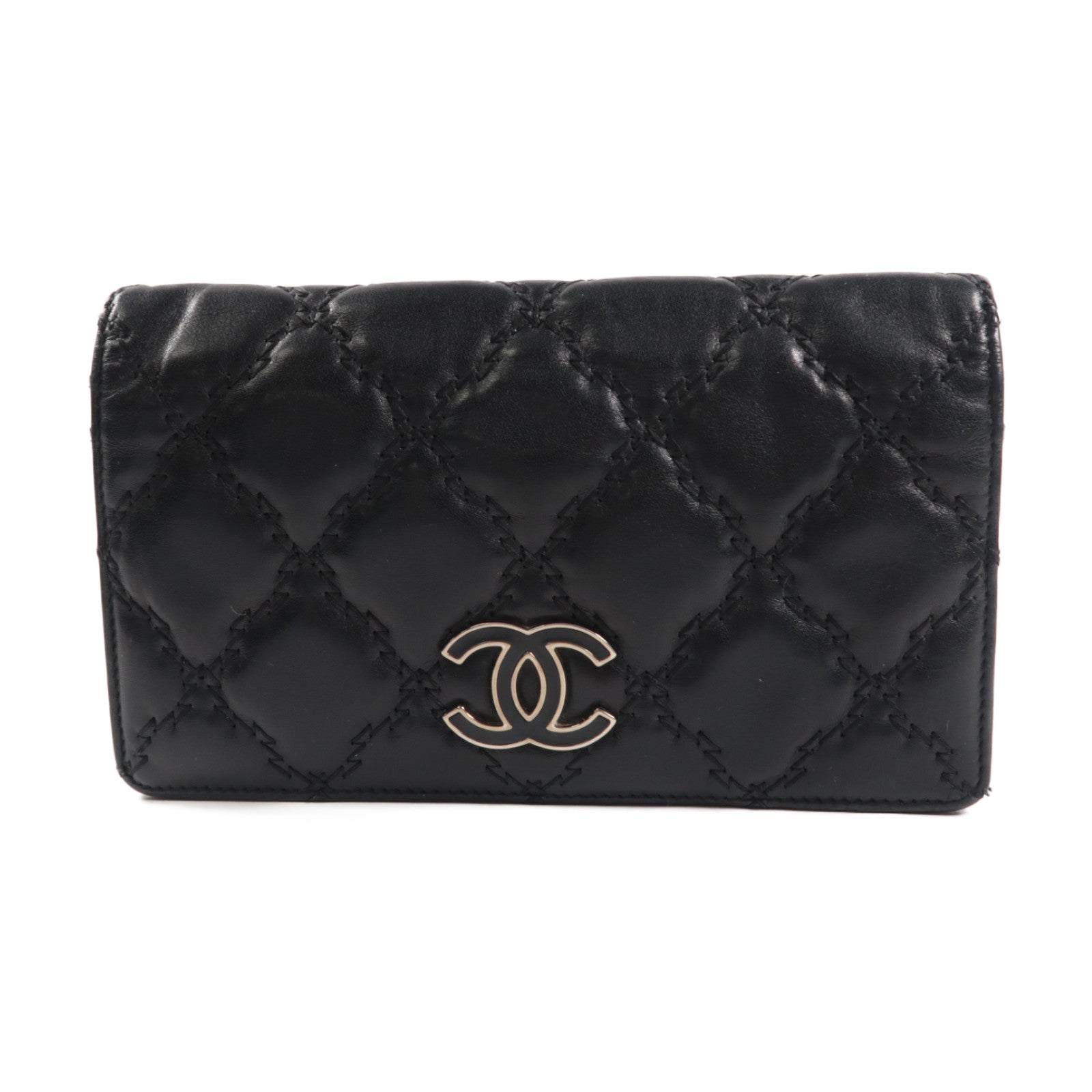 CHANEL 菱格羊皮皮革Long Wallet銀扣長錢包黑色