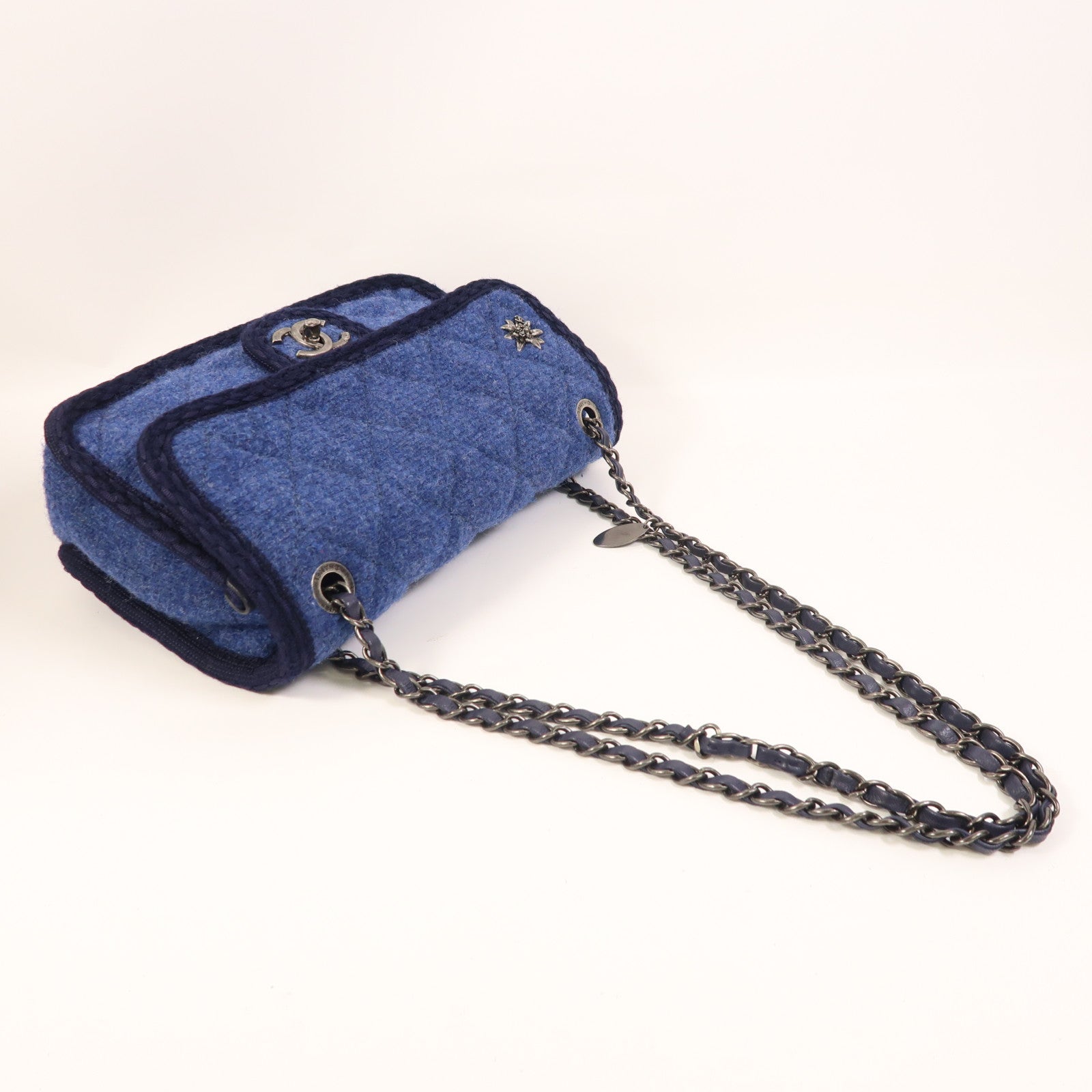 CHANEL 羊毛Chain Shoulder銀扣鏈帶肩背袋