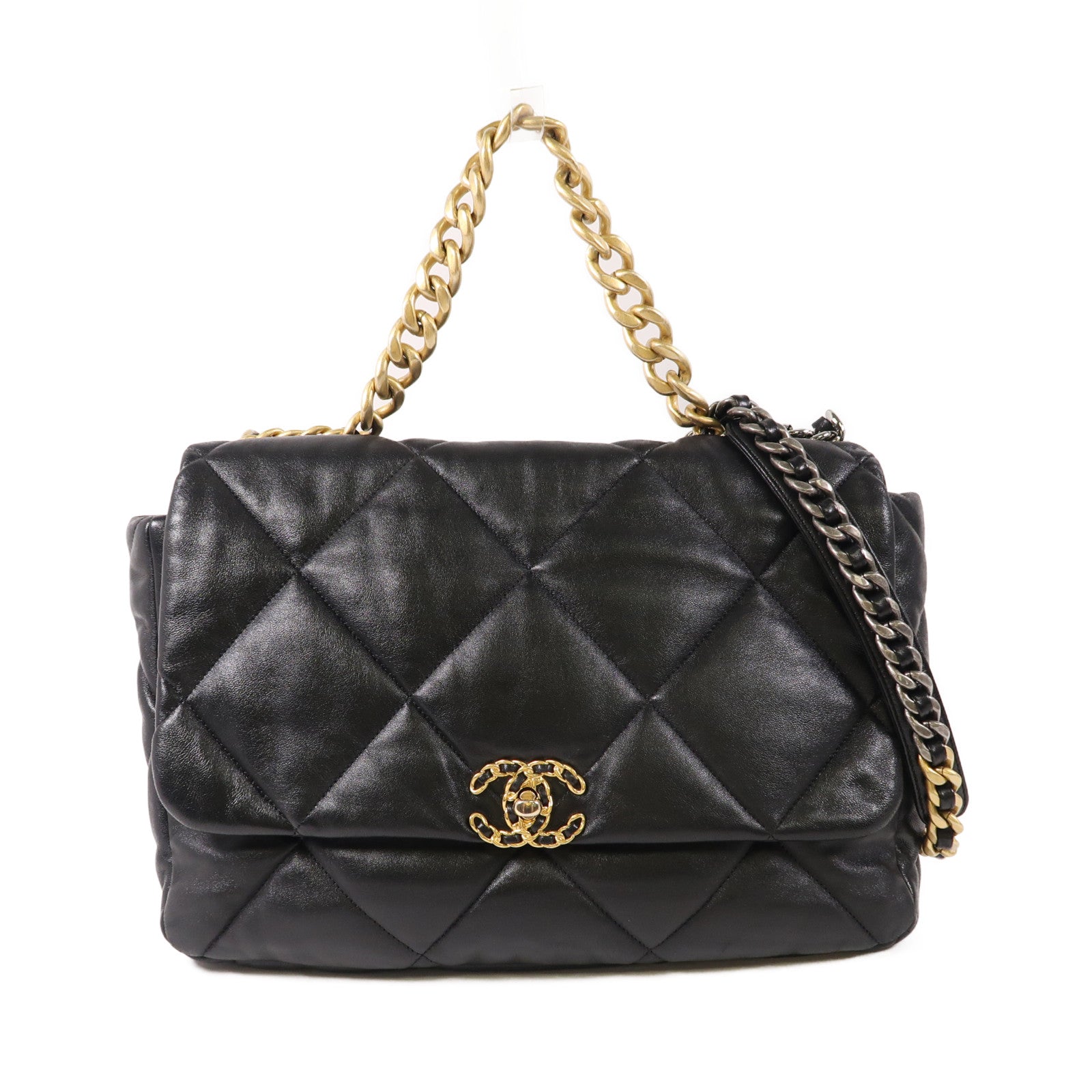 CHANEL 羊皮皮革C19金扣鏈帶手挽肩背兩用袋