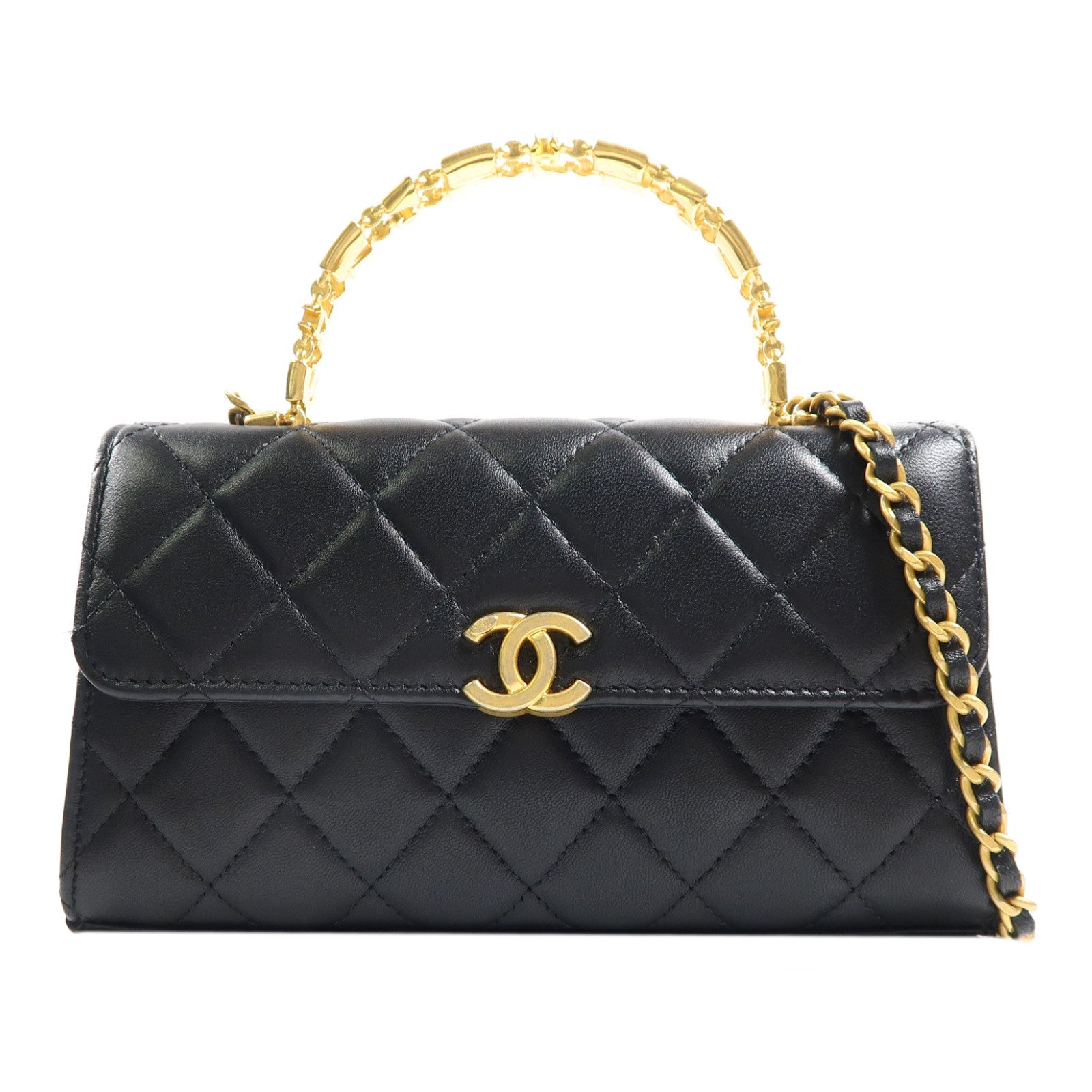 CHANEL 【激減優惠】菱格羊皮皮革Kelly Top Handle金扣手挽肩背兩用袋黑色