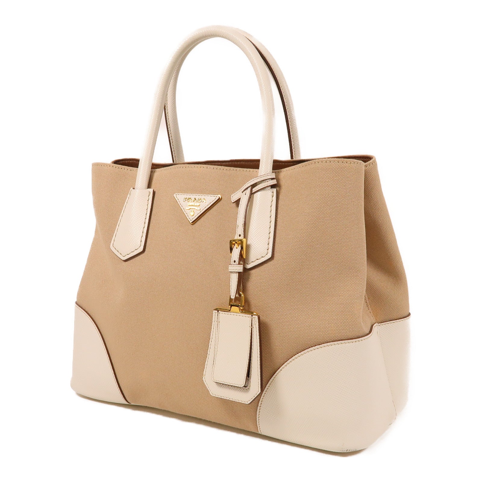 PRADA 帆布Hand Bag金扣手挽袋米色/白色