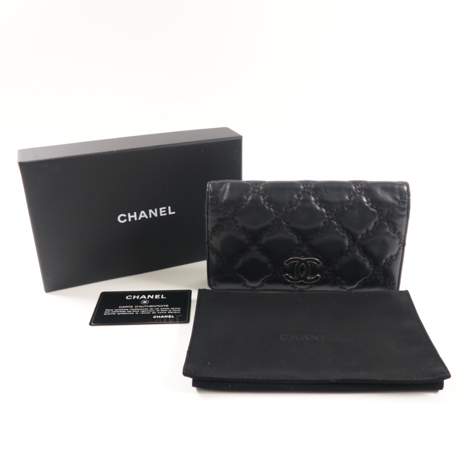 CHANEL 菱格羊皮皮革Long Wallet銀扣長錢包黑色