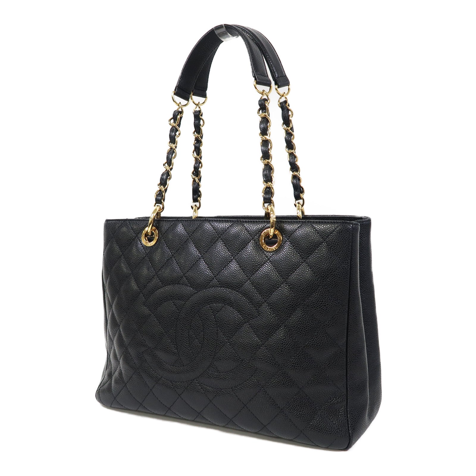 CHANEL 菱格牛皮皮革Tote Bag金扣肩背袋黑色