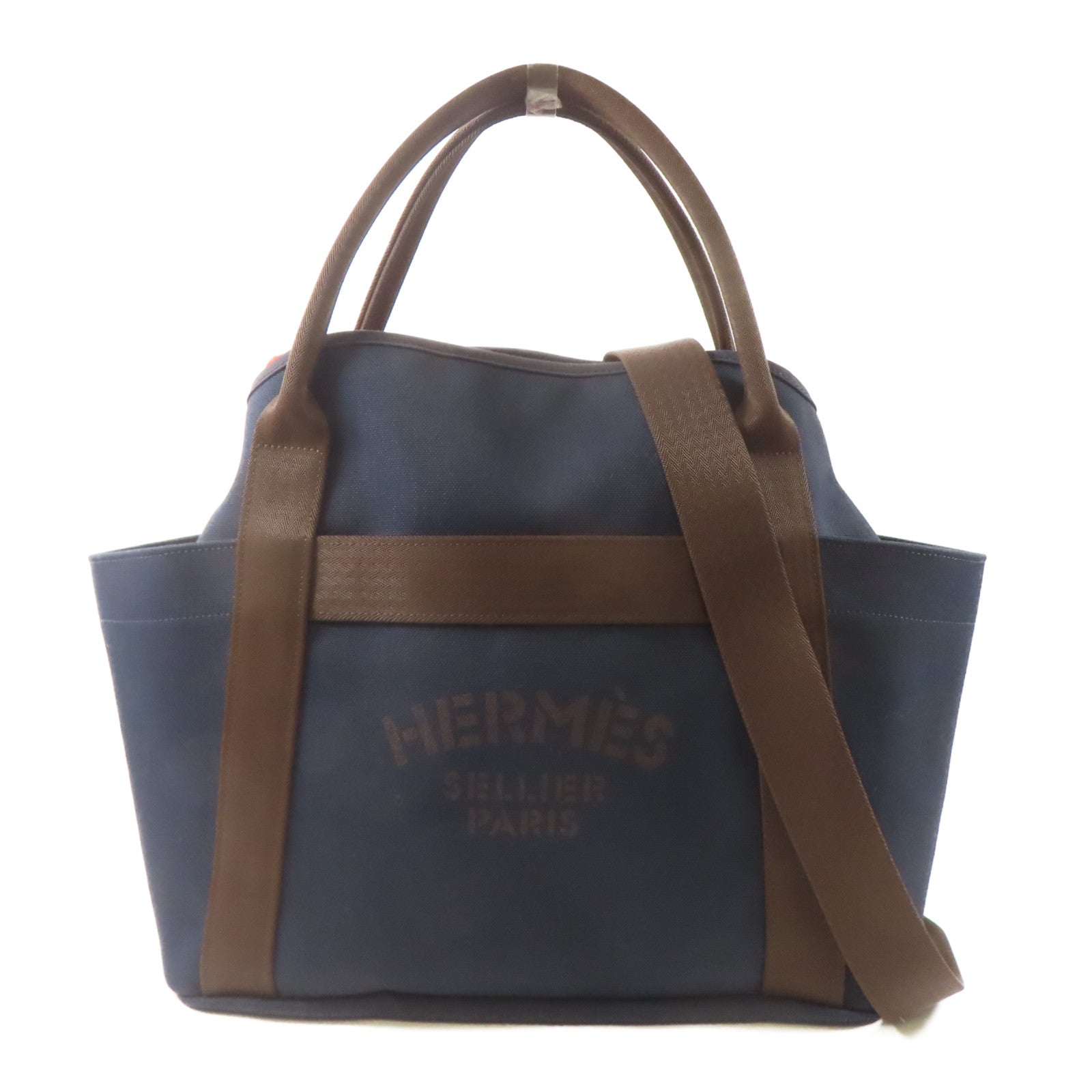 HERMES 帆布Sac De Pansage Groom銀扣手挽肩背兩用袋深藍色
