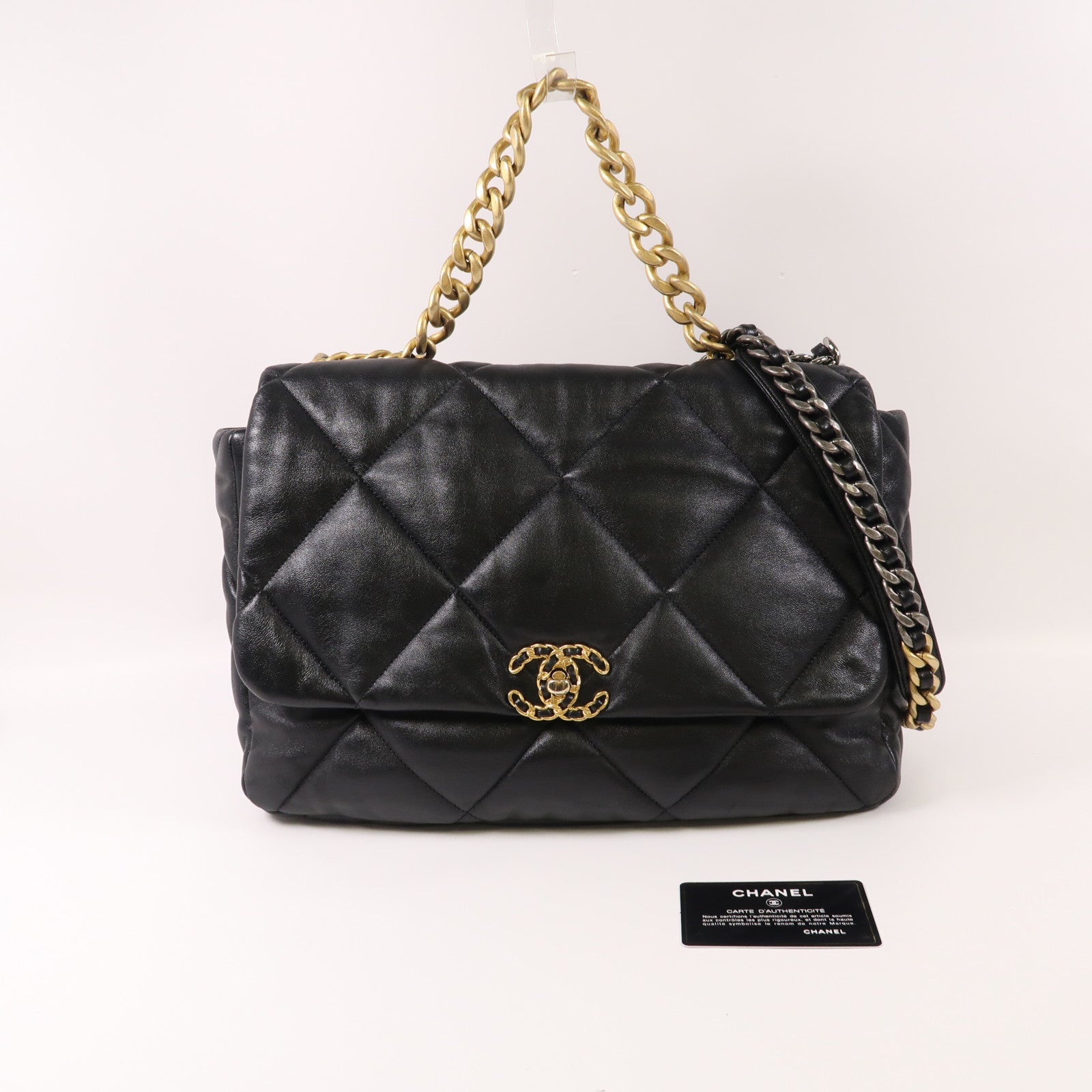 CHANEL 羊皮皮革C19金扣鏈帶手挽肩背兩用袋