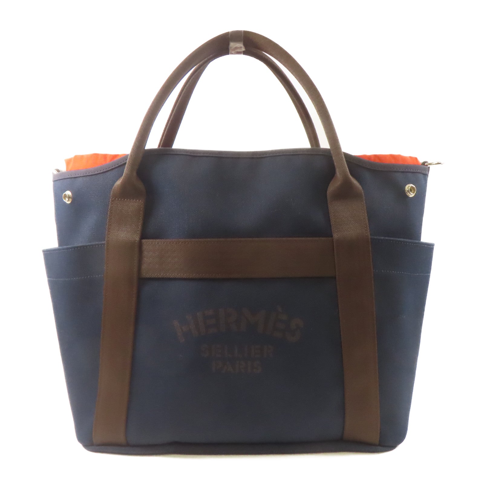 HERMES 帆布Sac De Pansage Groom銀扣手挽肩背兩用袋深藍色