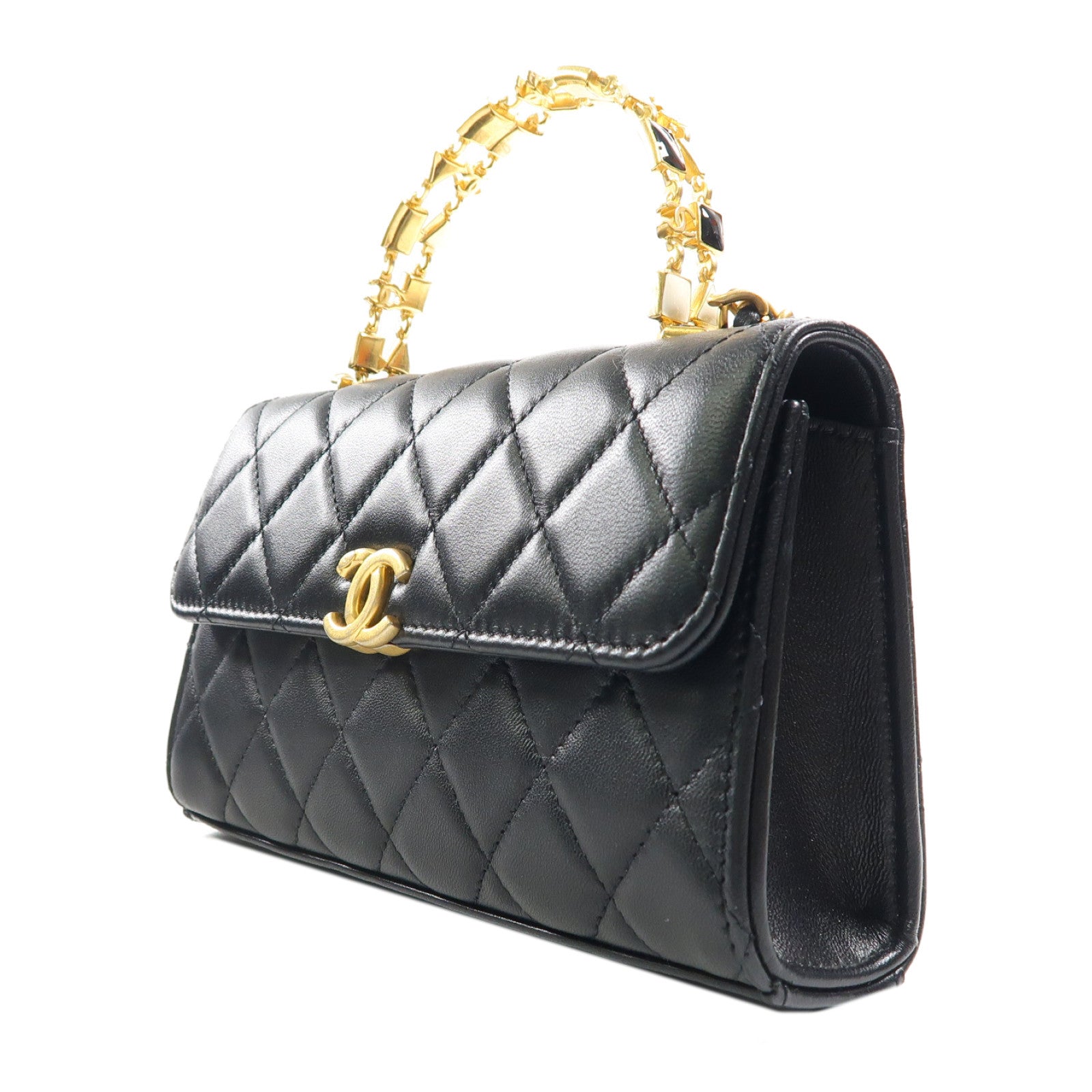 CHANEL 【激減優惠】菱格羊皮皮革Kelly Top Handle金扣手挽肩背兩用袋黑色