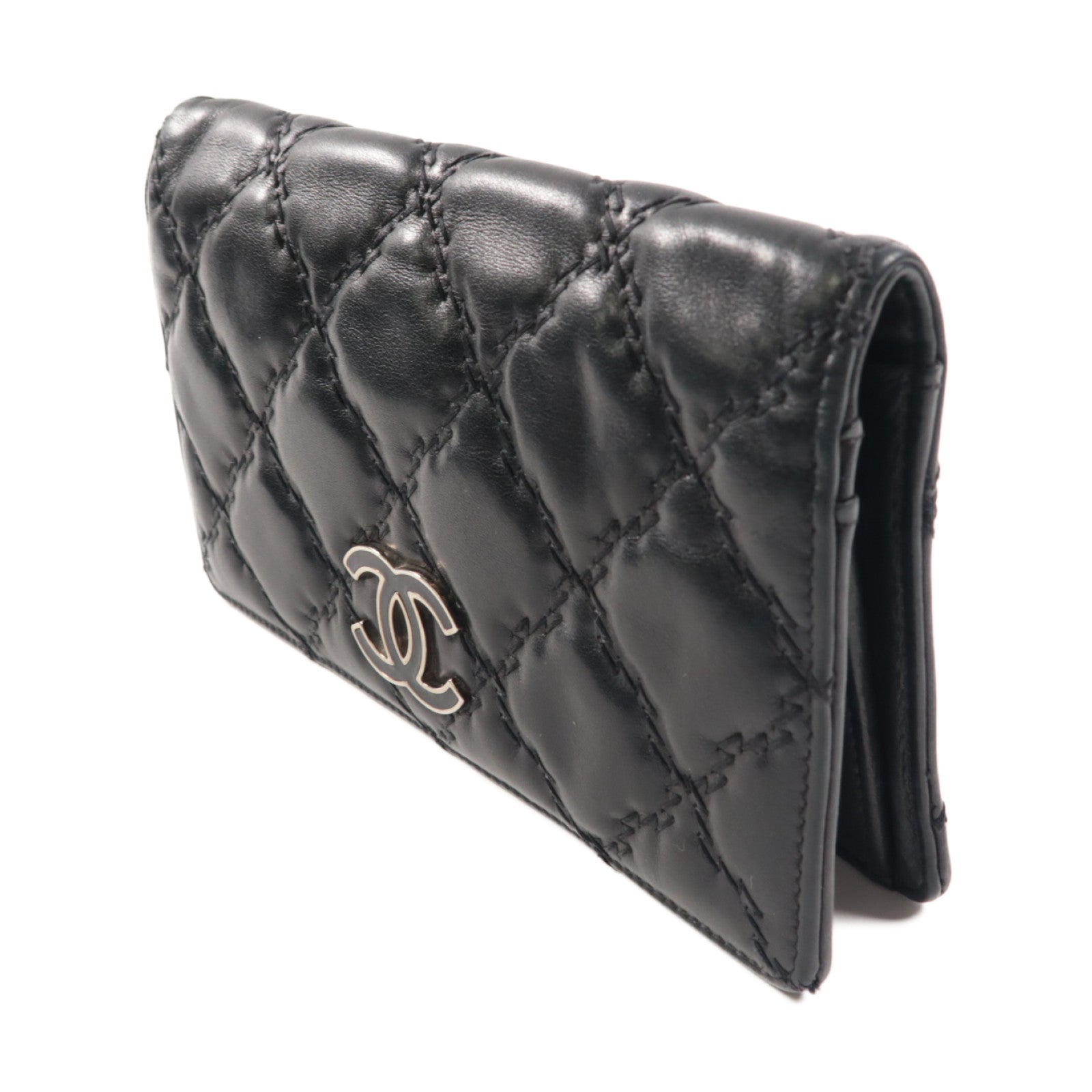 CHANEL 菱格羊皮皮革Long Wallet銀扣長錢包黑色