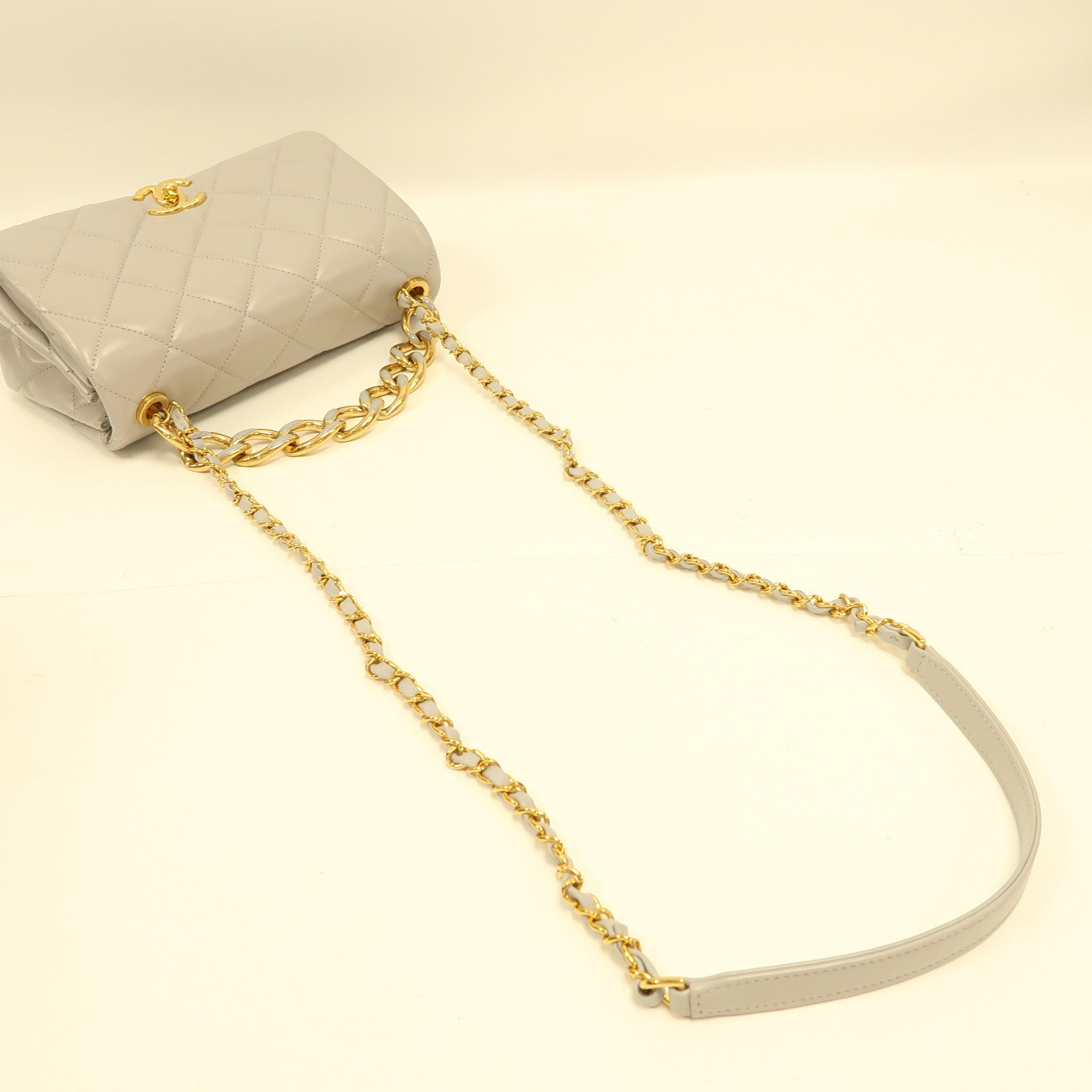 CHANEL 菱格羊皮皮革Shoulder Bag金扣手挽肩背兩用袋灰色
