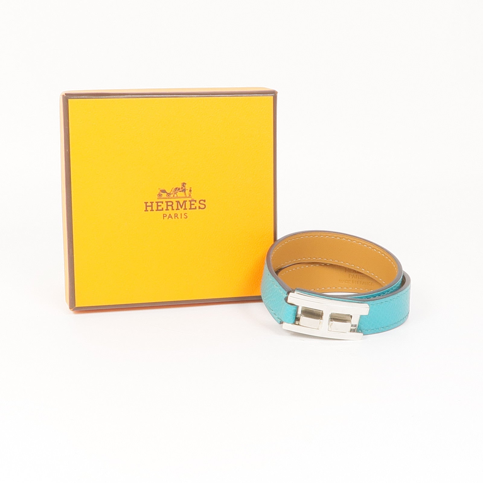 HERMES Epsom皮革Drag Double手鏈Bleu Paon