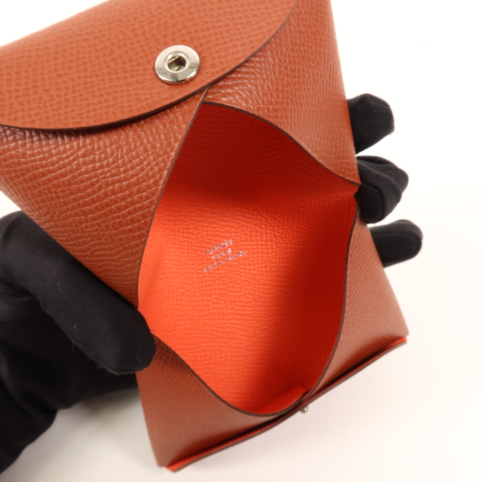 HERMES Epsom皮革Calvi Duo銀扣卡片套Rouge Venitien