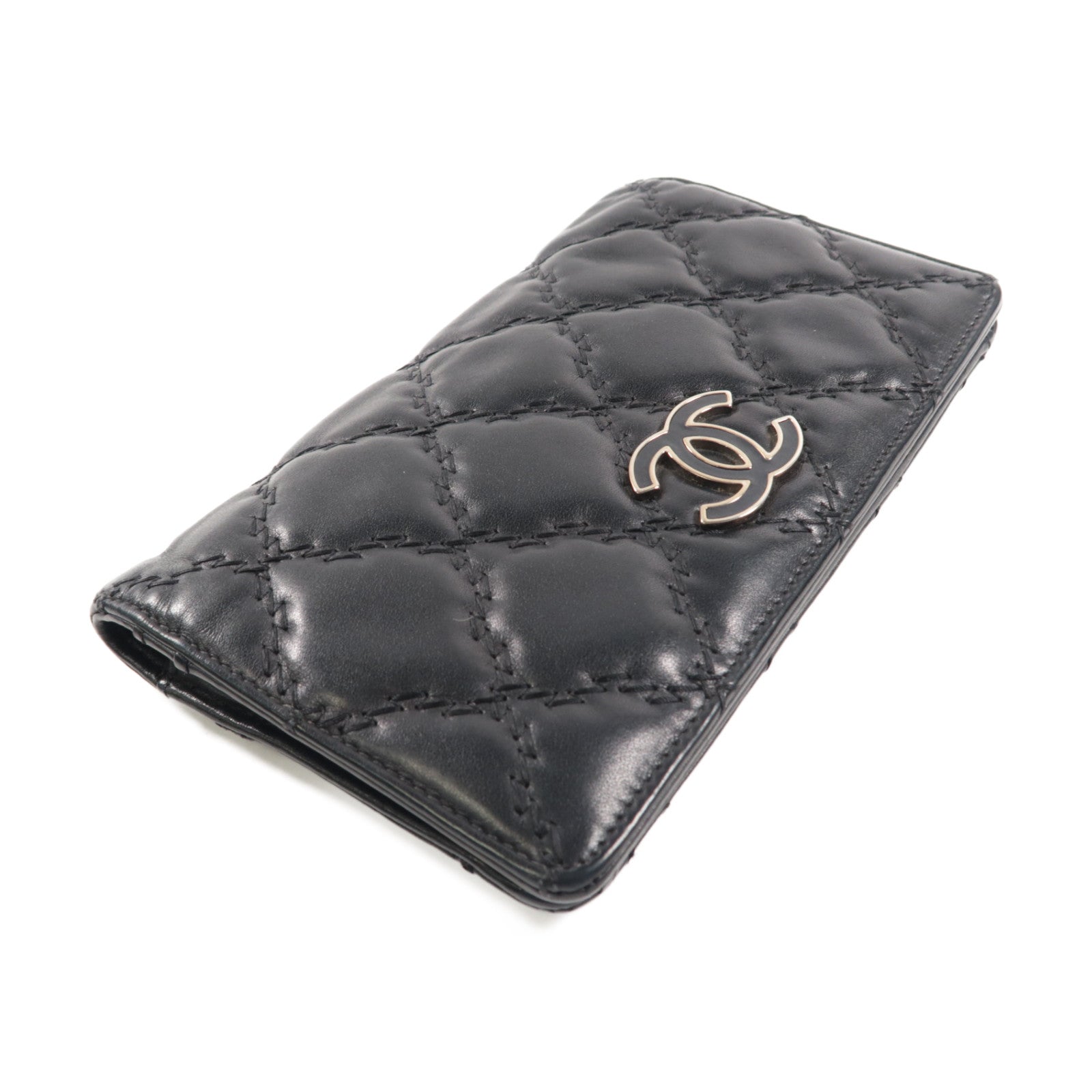 CHANEL 菱格羊皮皮革Long Wallet銀扣長錢包黑色
