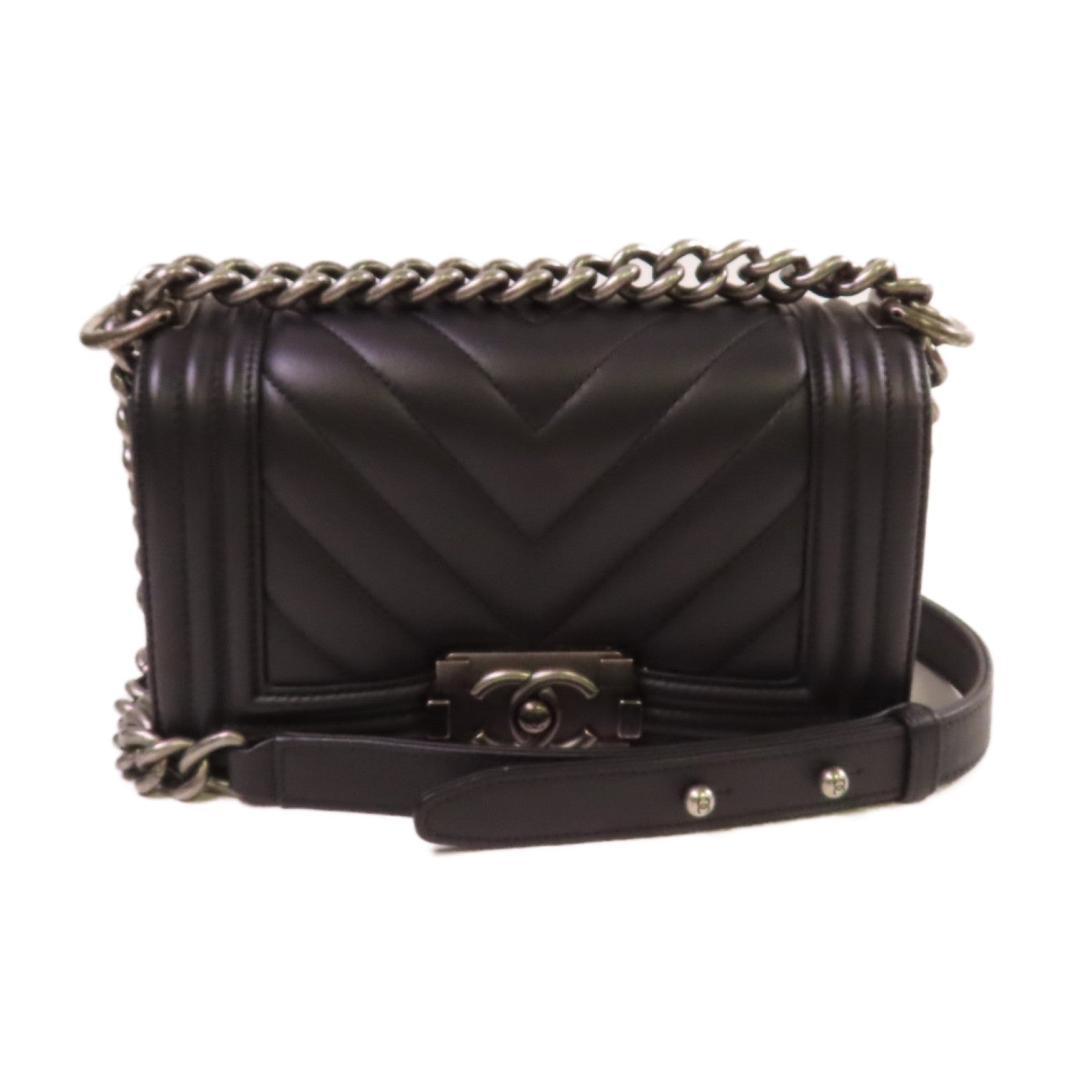 CHANEL 斜紋羊皮皮革Le Boy 20 Chain Shoulder Bag銀扣鏈帶肩背袋黑色