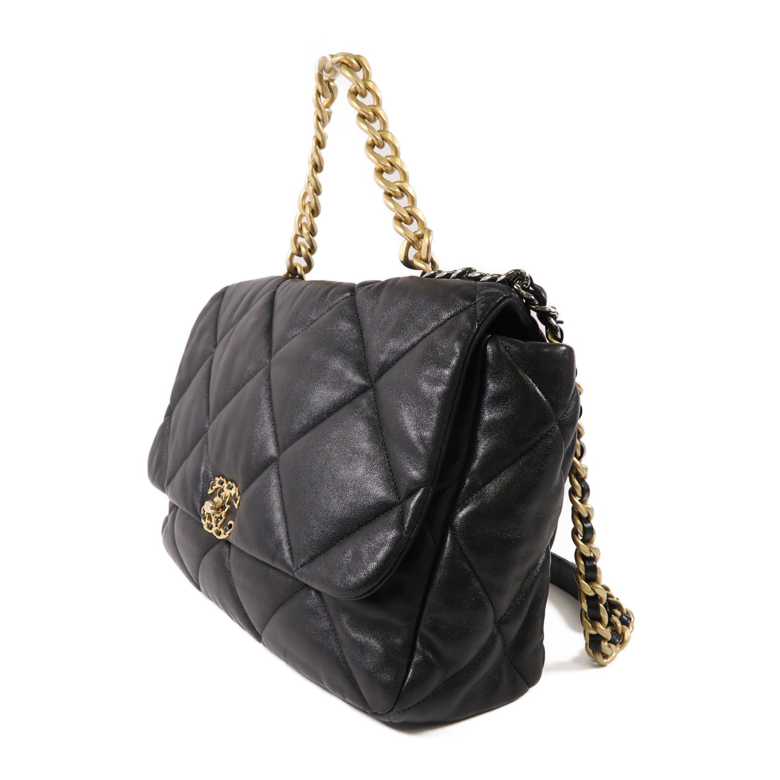 CHANEL 羊皮皮革C19金扣鏈帶手挽肩背兩用袋
