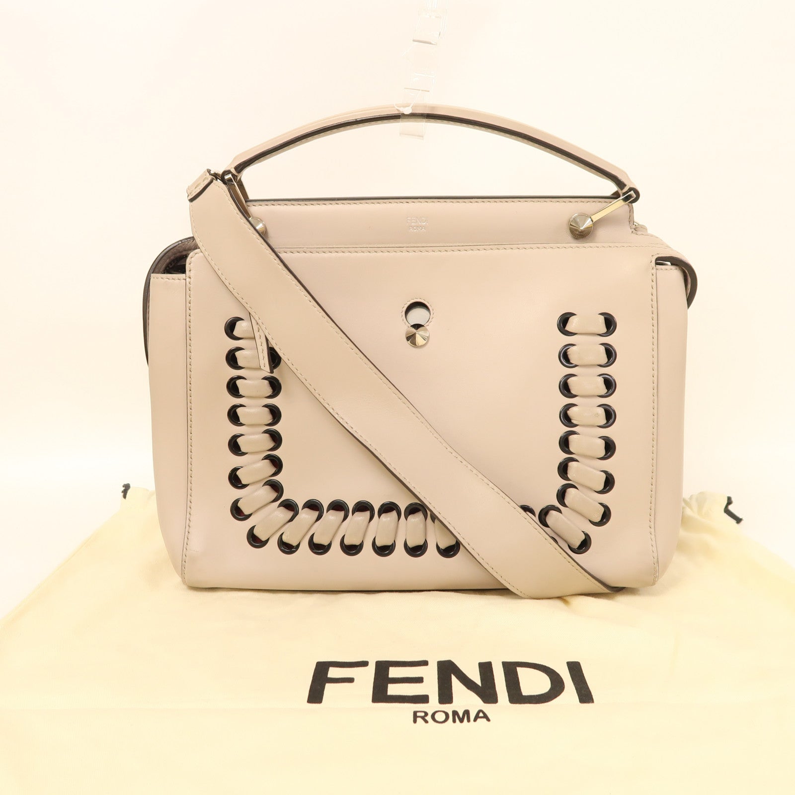 FENDI 牛皮皮革Dotcom銀扣手挽肩背兩用袋米色