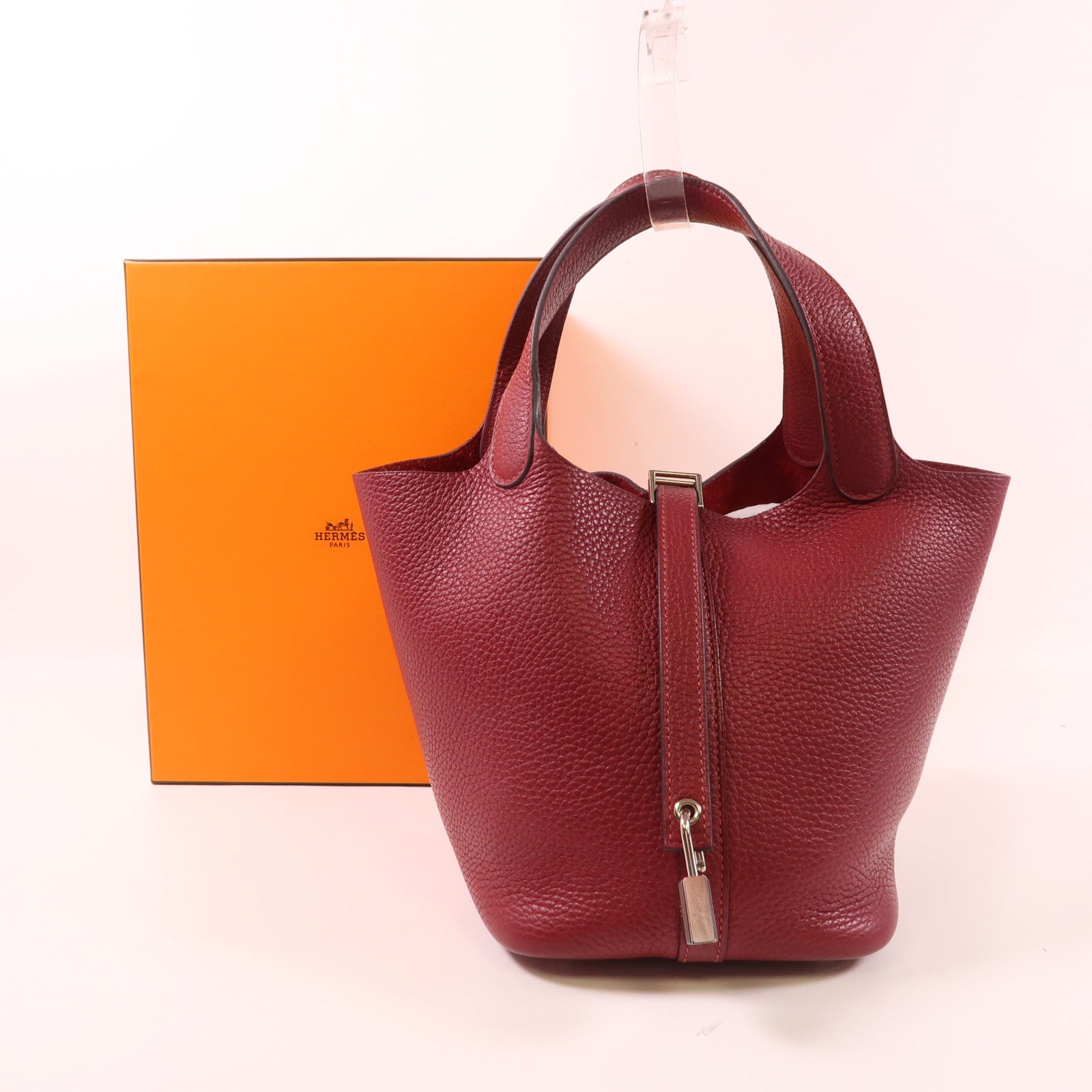 HERMES Clemence皮革Picotin PM手挽袋銀扣Rouge Grenat