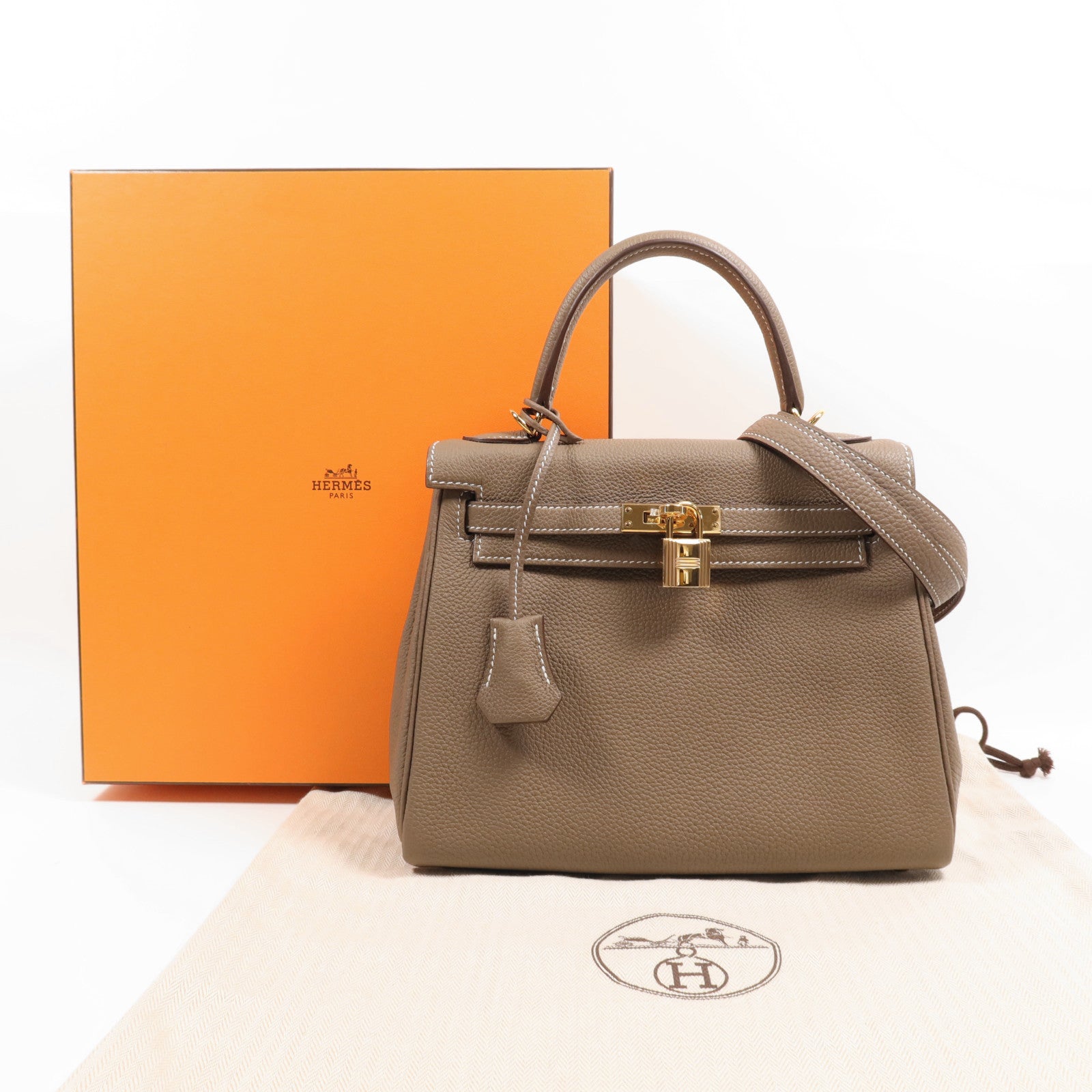 HERMES Togo皮革Kelly 25金扣手挽肩背兩用袋Etoupe