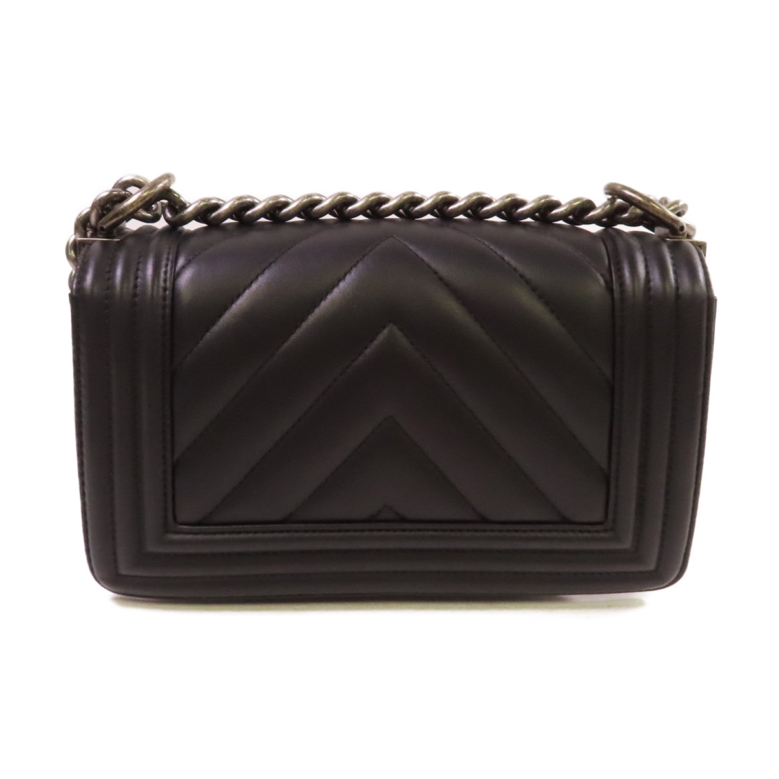 CHANEL 斜紋羊皮皮革Le Boy 20 Chain Shoulder Bag銀扣鏈帶肩背袋黑色