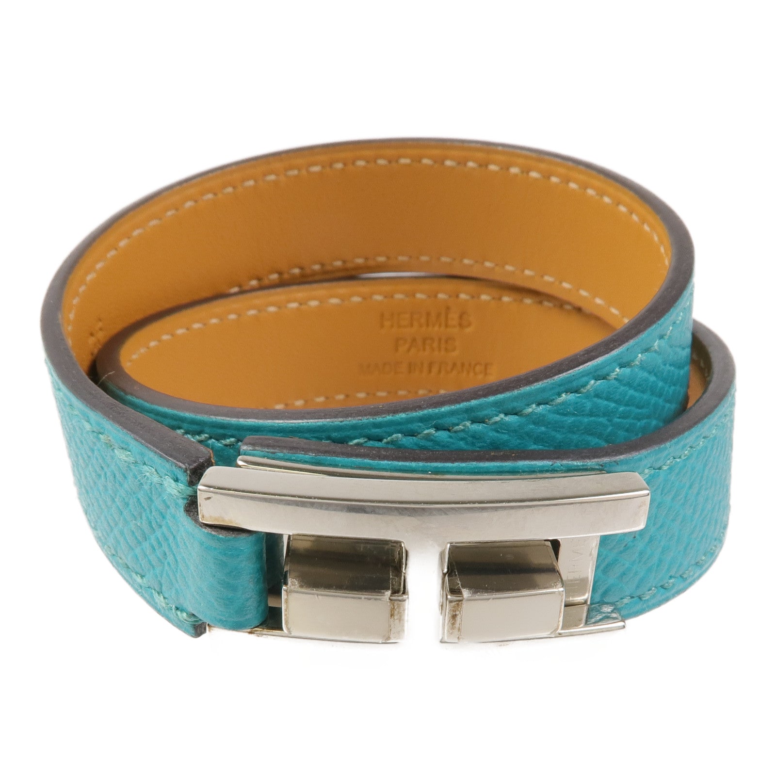 HERMES Epsom皮革Drag Double手鏈Bleu Paon