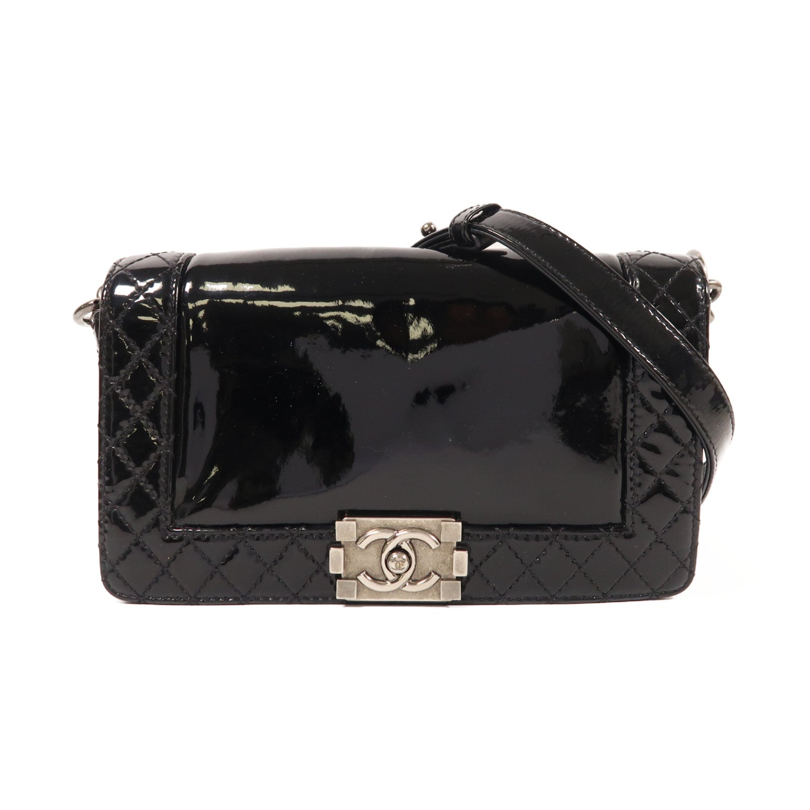 CHANEL 漆皮皮革Boy 25銀扣鏈帶肩背袋