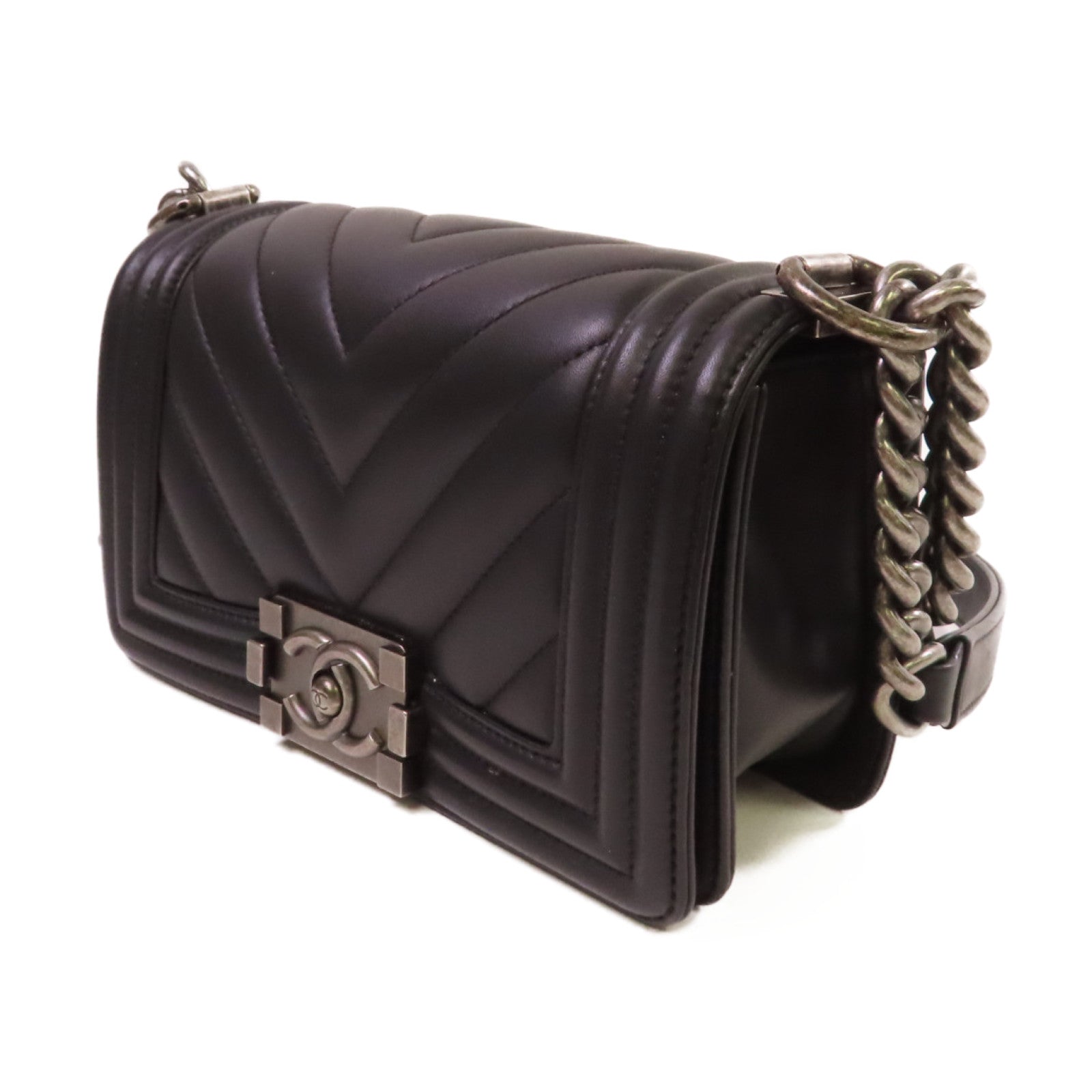 CHANEL 斜紋羊皮皮革Le Boy 20 Chain Shoulder Bag銀扣鏈帶肩背袋黑色