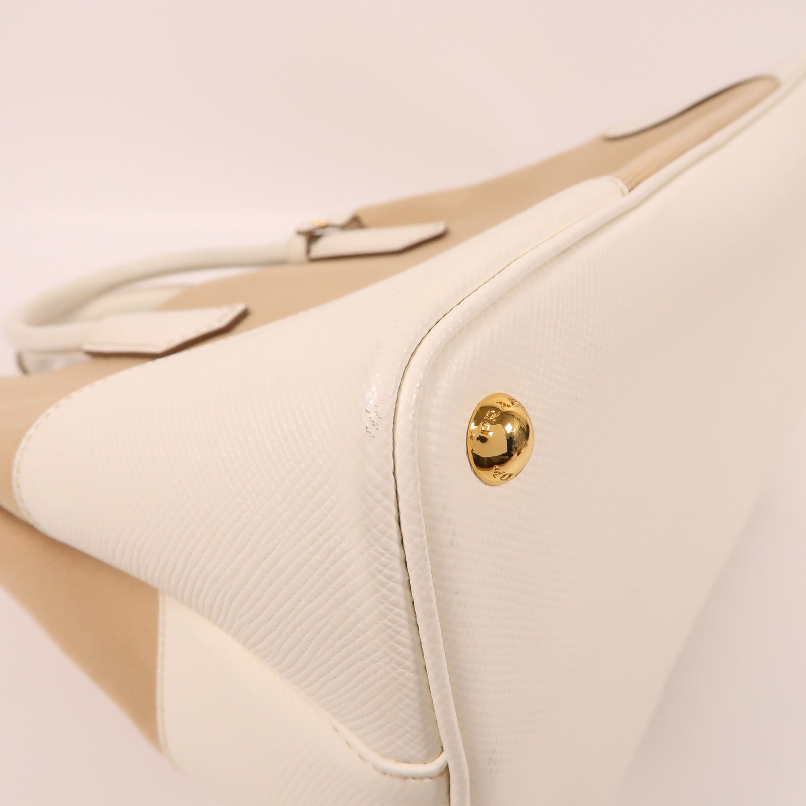 PRADA 帆布Hand Bag金扣手挽袋米色/白色