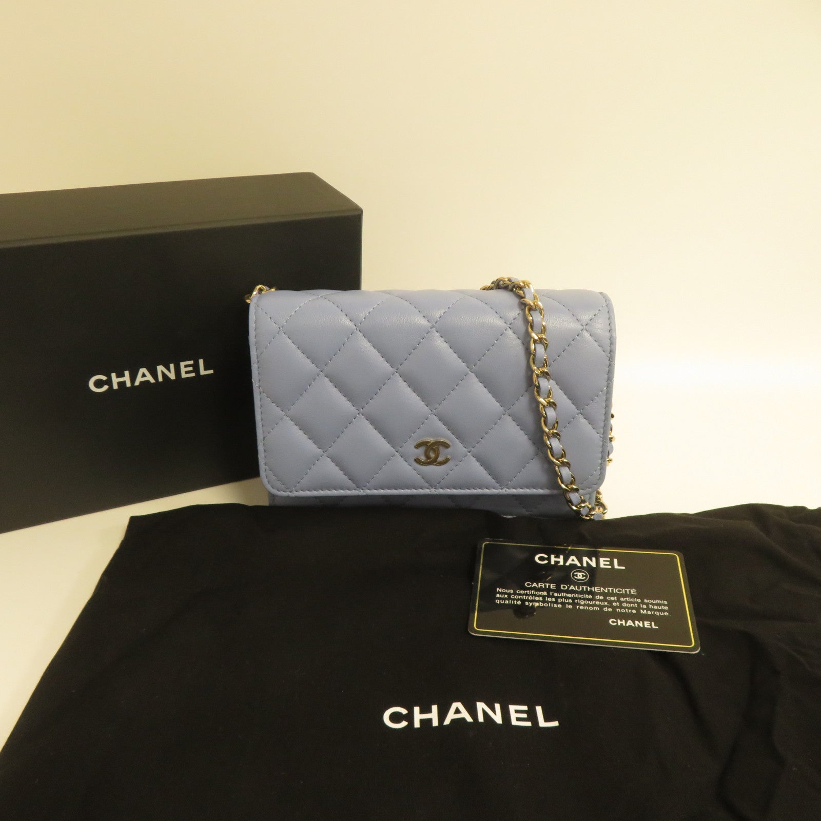 CHANEL 【激減優惠】菱格羊皮皮革WOC Mini金扣鏈帶肩背袋藍色