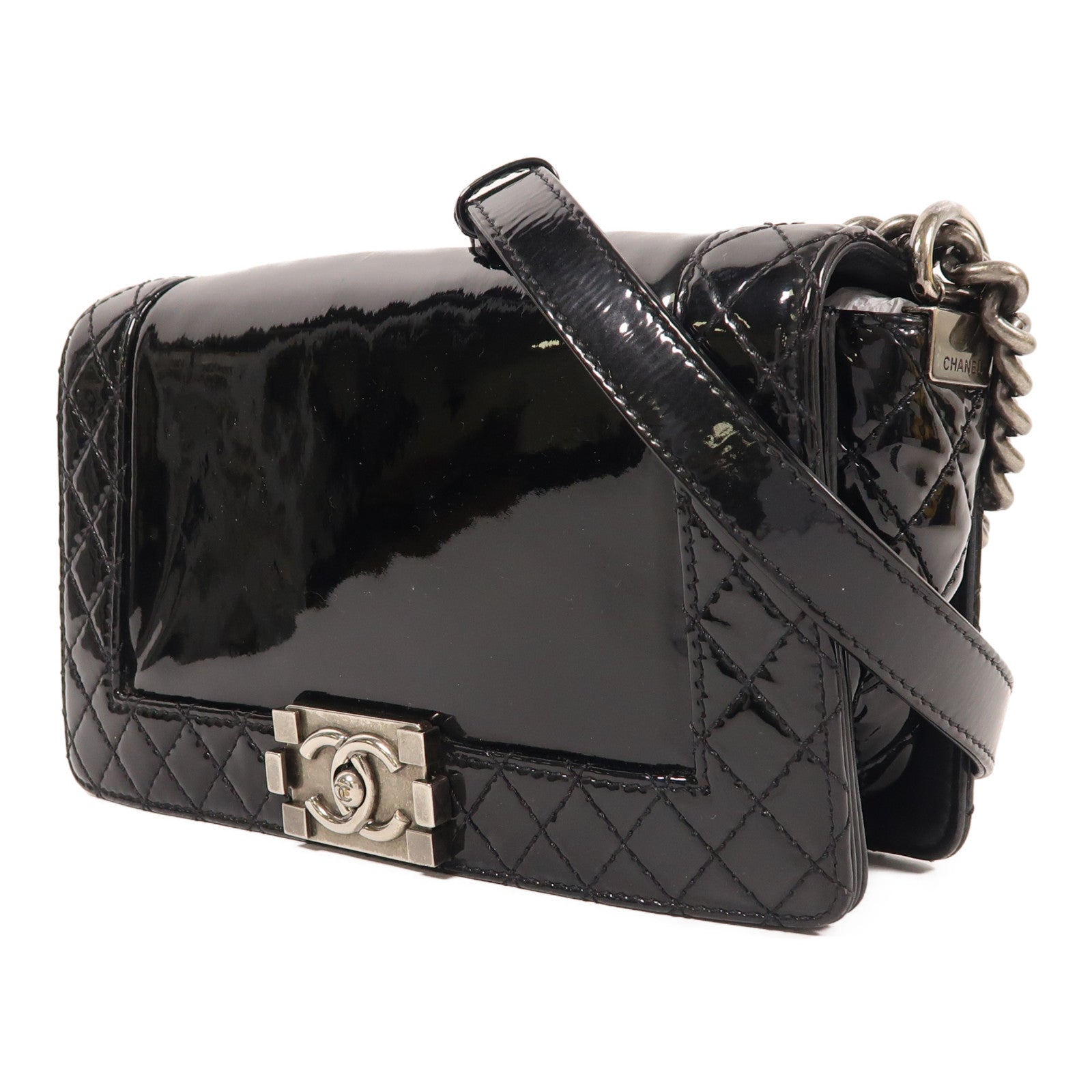 CHANEL 漆皮皮革Boy 25銀扣鏈帶肩背袋