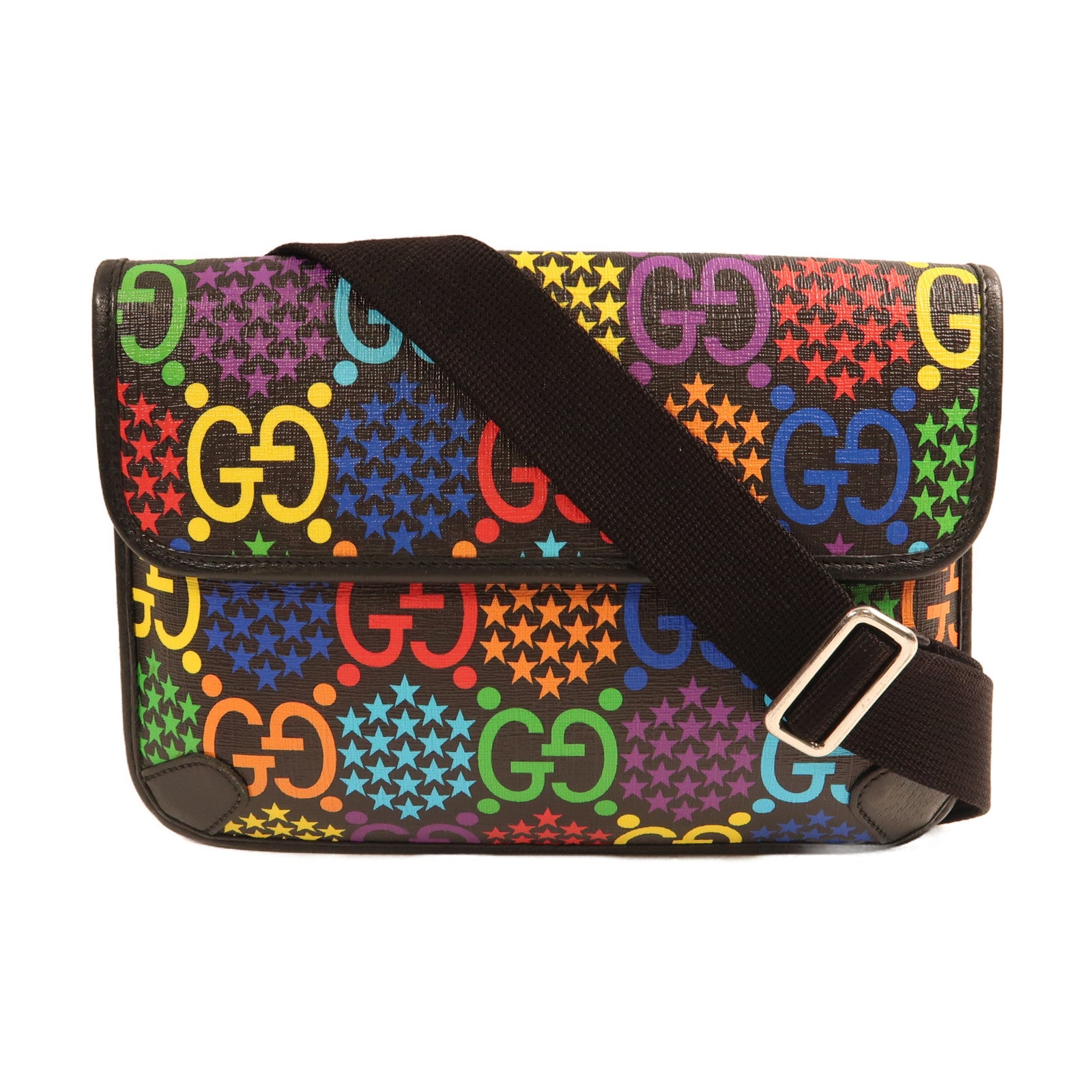 GUCCI 塗層帆布Waist Bag銀扣肩背袋黑色/彩色