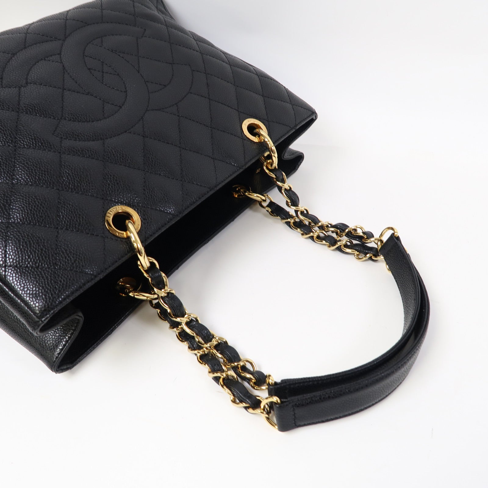 CHANEL 菱格牛皮皮革Tote Bag金扣肩背袋黑色