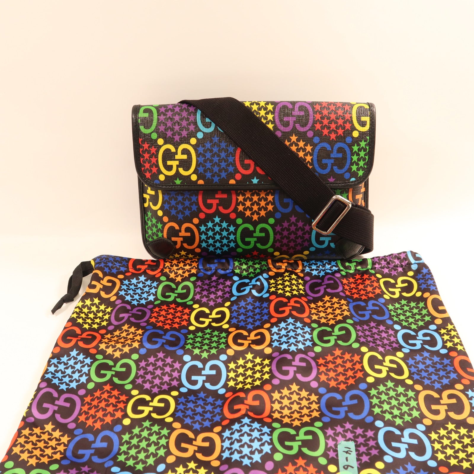 GUCCI 塗層帆布Waist Bag銀扣肩背袋黑色/彩色