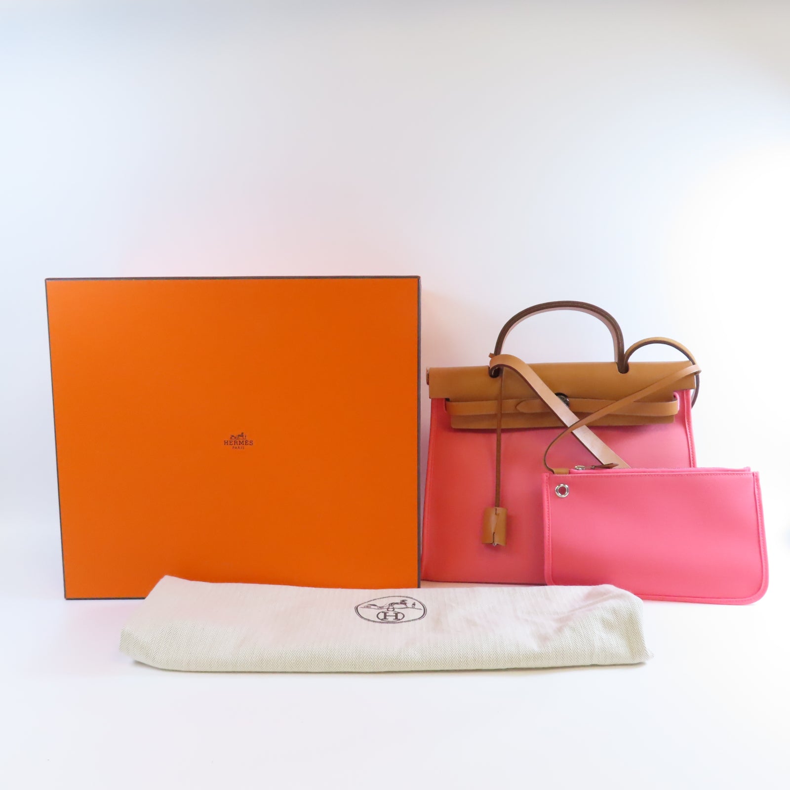 HERMES 【激減優惠】帆布Herbag PM銀扣手挽肩背兩用袋Rose Azalee杜鵑粉色