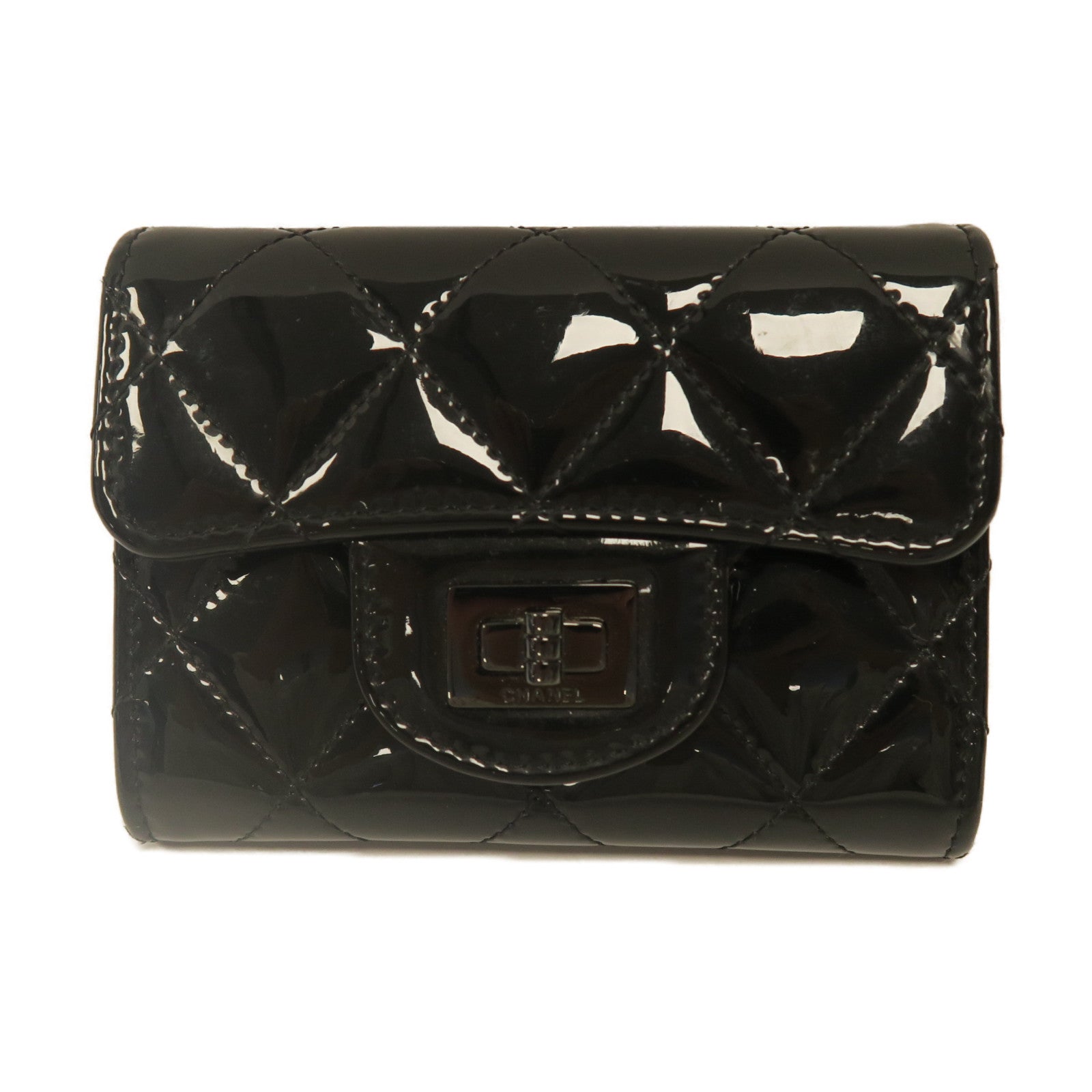 CHANEL 【激減優惠】菱格漆皮皮革Card Case銀扣卡片套黑色