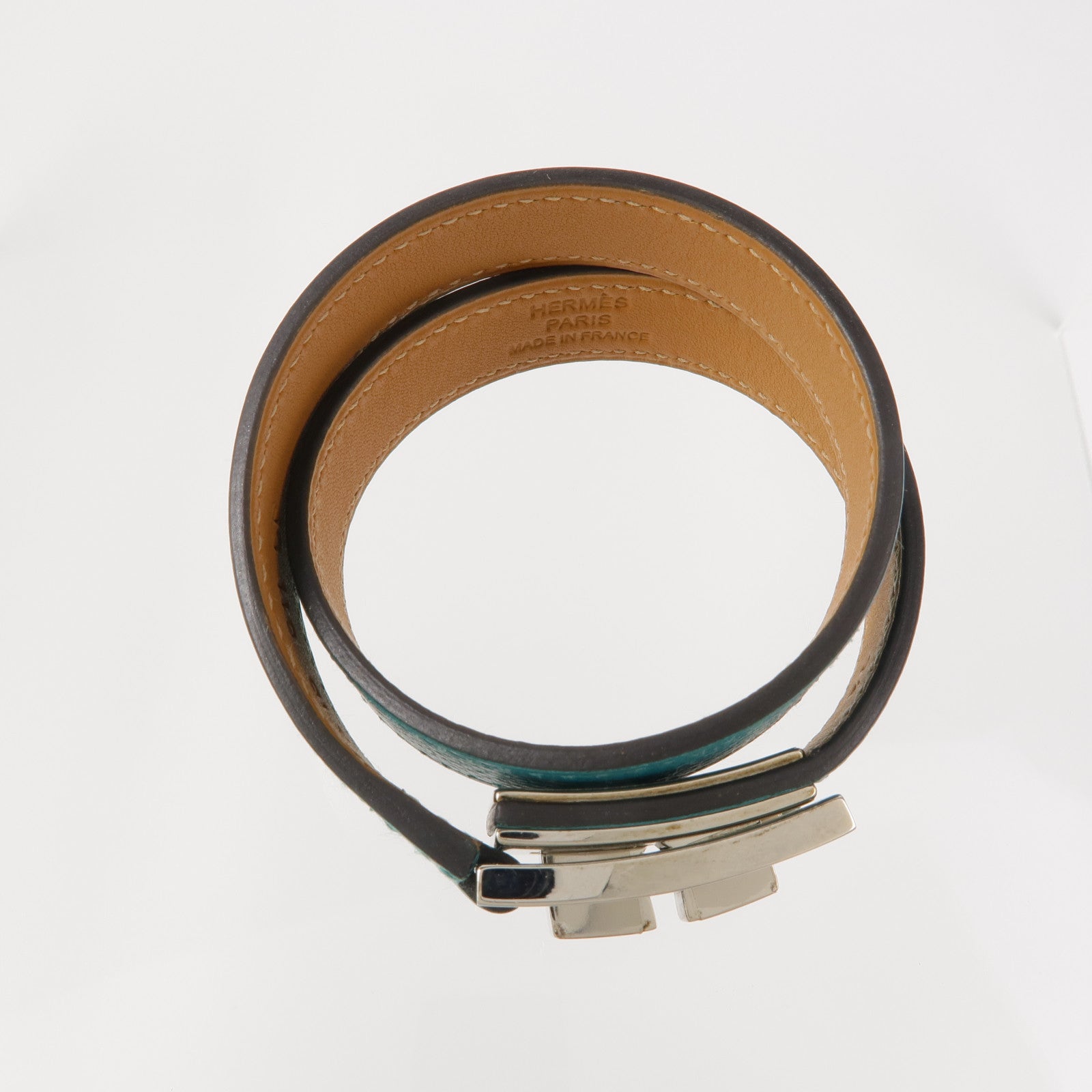 HERMES Epsom皮革Drag Double手鏈Bleu Paon