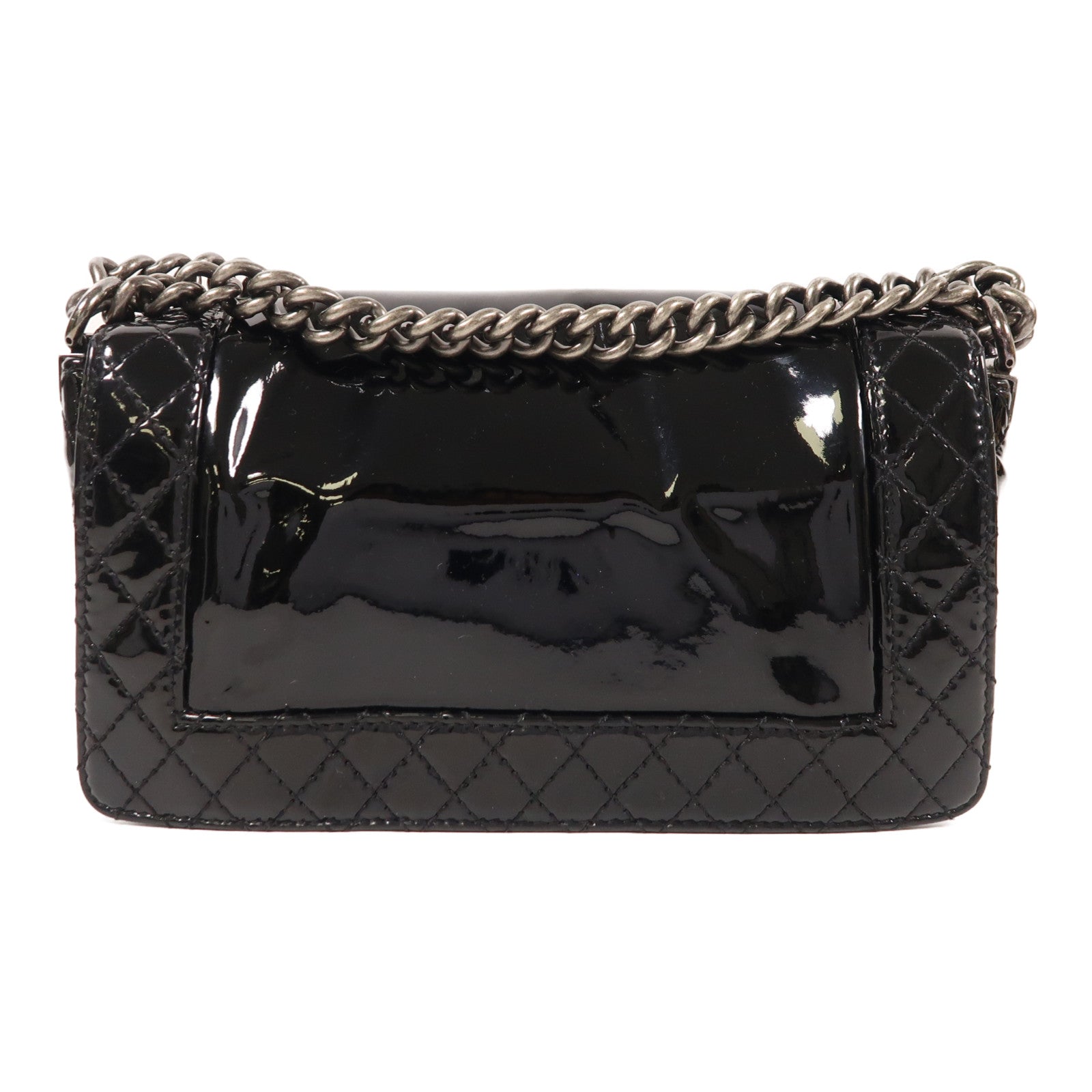 CHANEL 漆皮皮革Boy 25銀扣鏈帶肩背袋