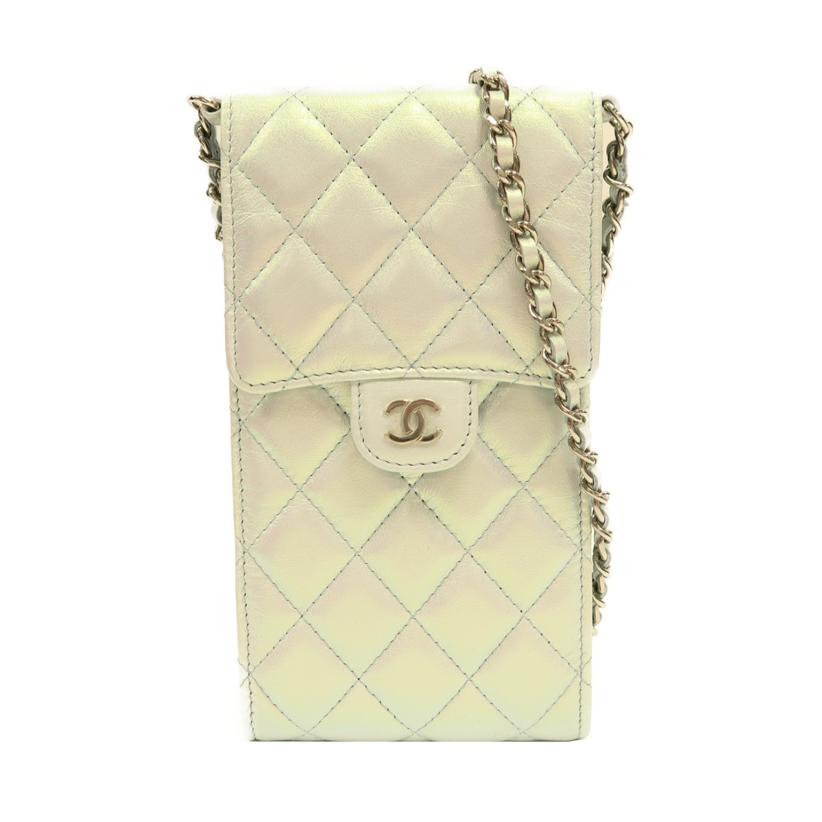 CHANEL 【激減優惠】菱格羊皮皮革Phone Case銀扣肩背袋珍珠灰色