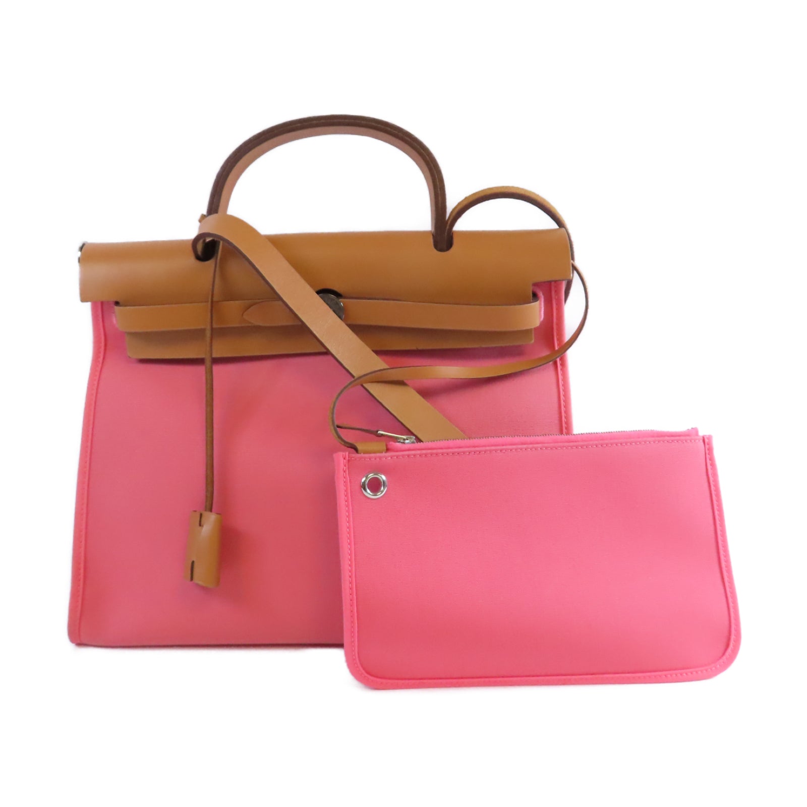 HERMES 【激減優惠】帆布Herbag PM銀扣手挽肩背兩用袋Rose Azalee杜鵑粉色