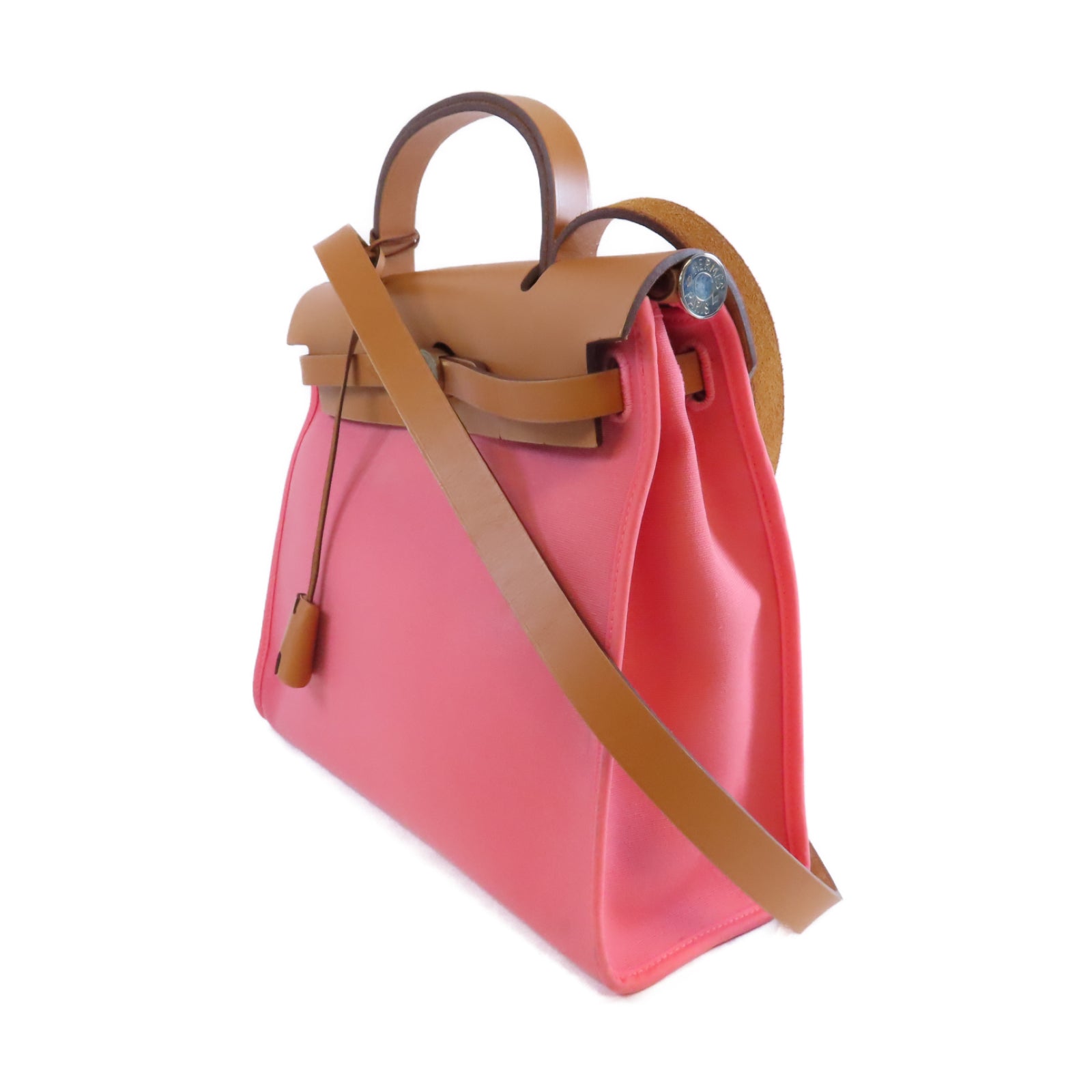 HERMES 【激減優惠】帆布Herbag PM銀扣手挽肩背兩用袋Rose Azalee杜鵑粉色