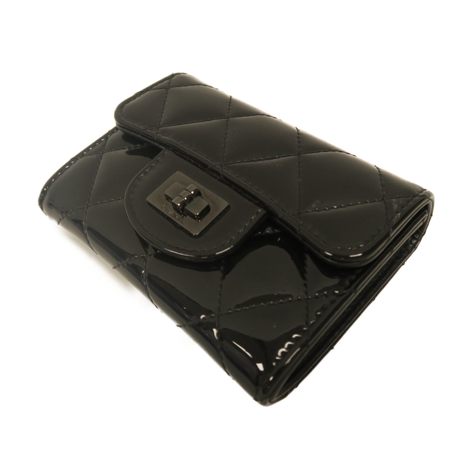 CHANEL 【激減優惠】菱格漆皮皮革Card Case銀扣卡片套黑色
