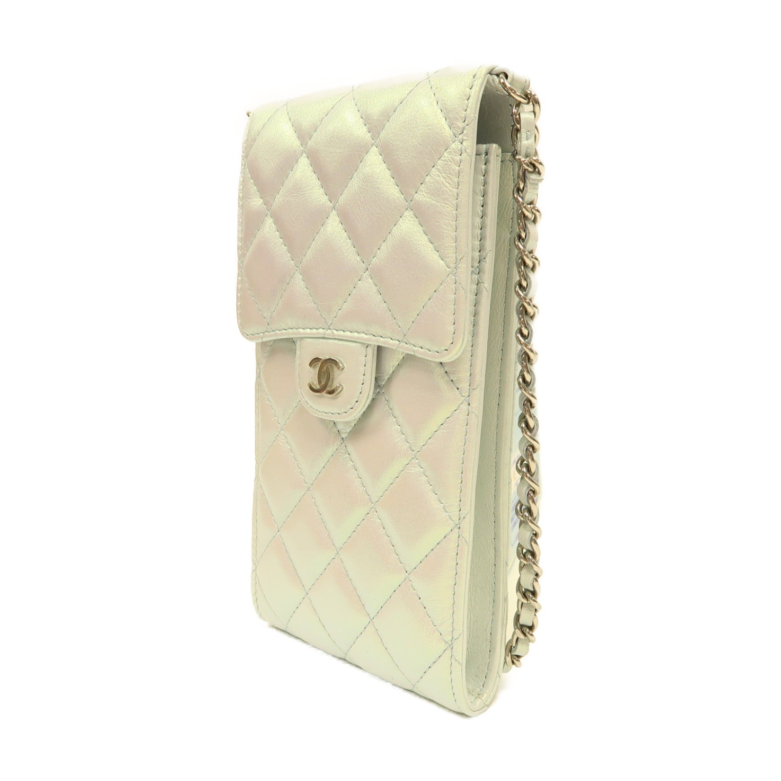 CHANEL 【激減優惠】菱格羊皮皮革Phone Case銀扣肩背袋珍珠灰色