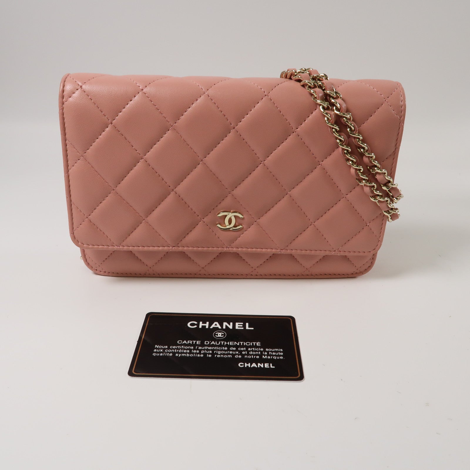 CHANEL 菱格羊皮皮革Wallet On Chain金扣鏈帶肩背袋粉紅色