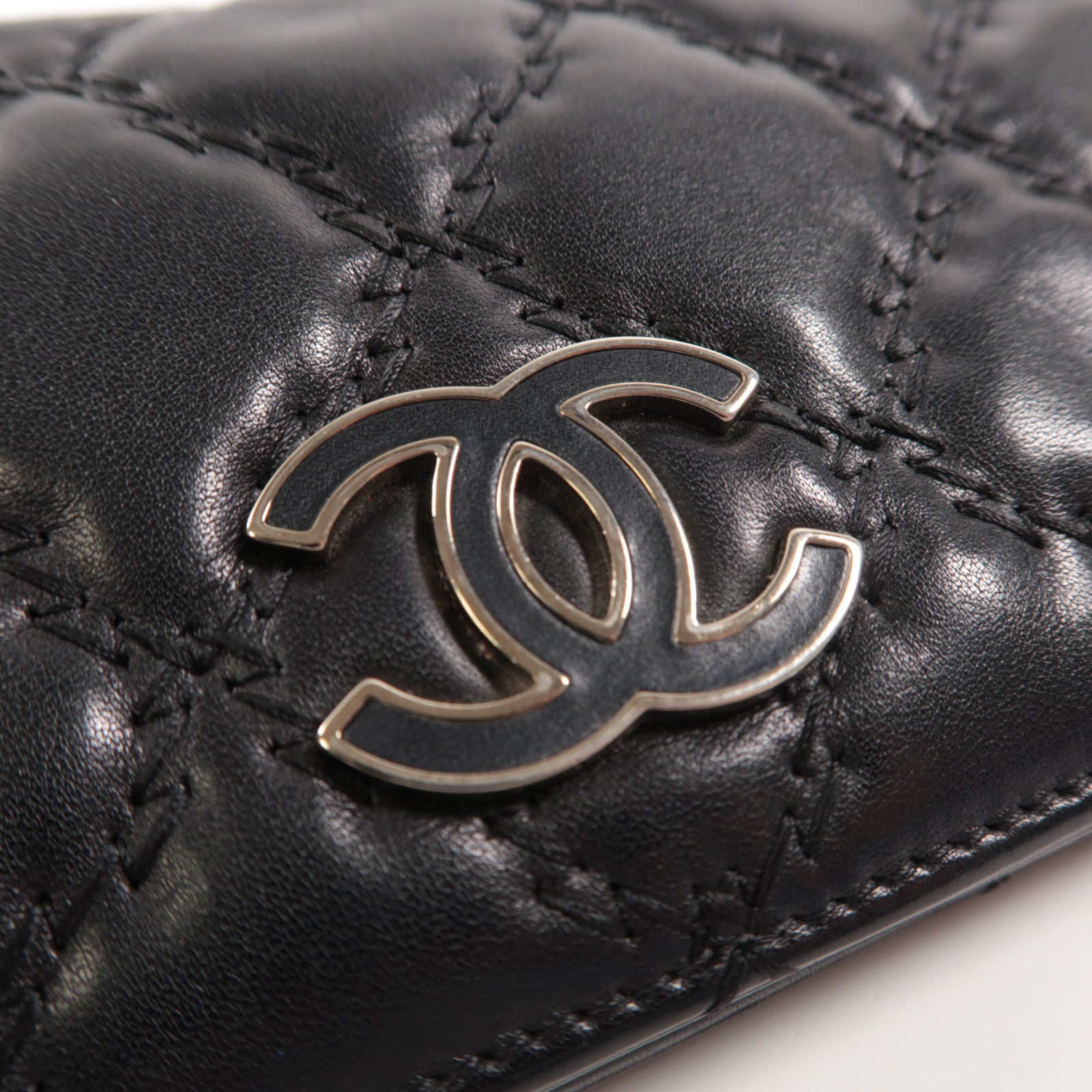 CHANEL 菱格羊皮皮革Long Wallet銀扣長錢包黑色